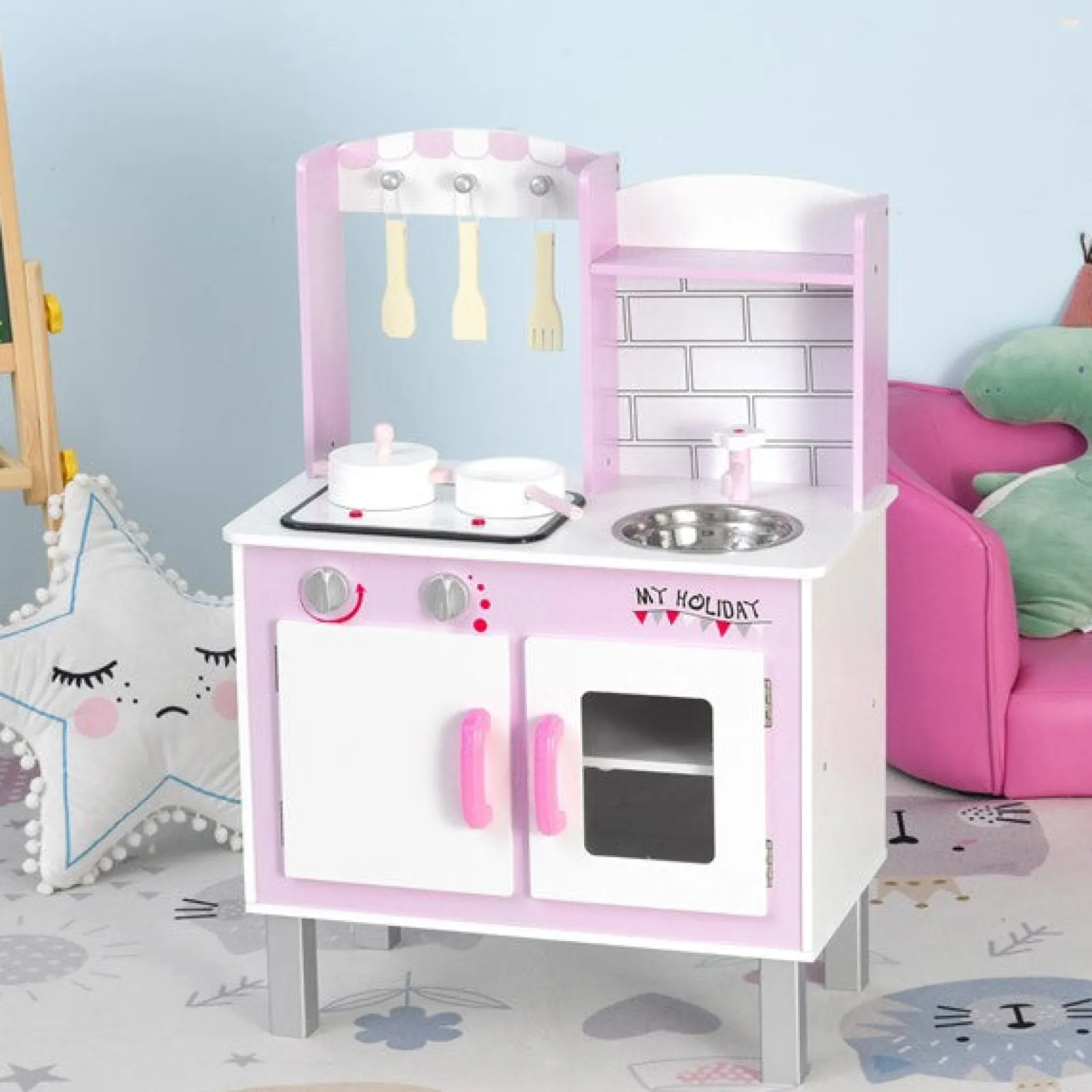 Little Helper Wooden Toys & Educational Toys | Toy Kitchens | Kids Montessori Inspired Wooden Toy Kitchen with Realistic Sounds & Accessories | Candy Pink & White