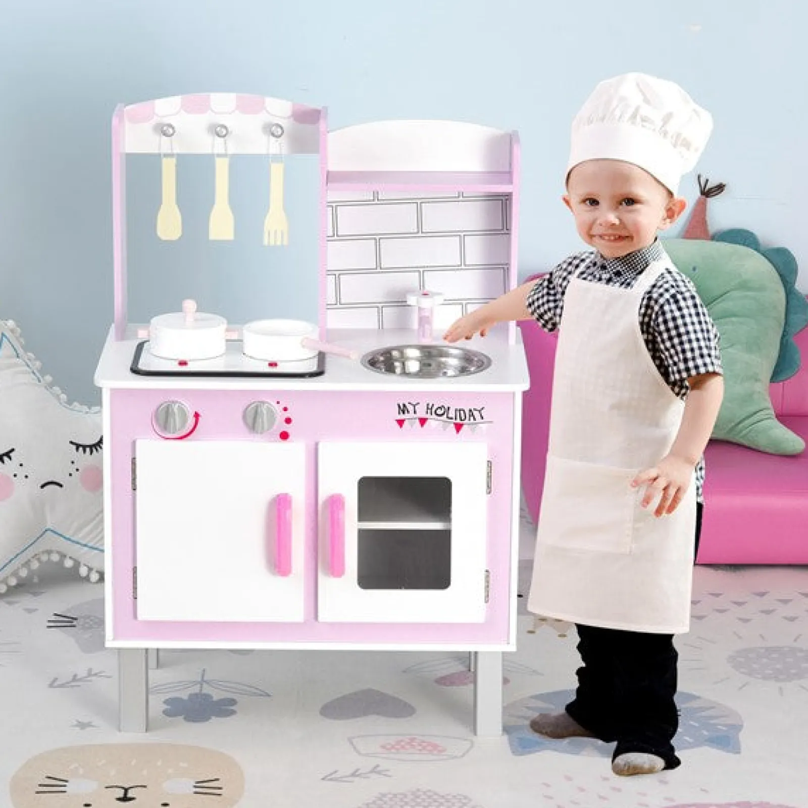 Little Helper Wooden Toys & Educational Toys | Toy Kitchens | Kids Montessori Inspired Wooden Toy Kitchen with Realistic Sounds & Accessories | Candy Pink & White
