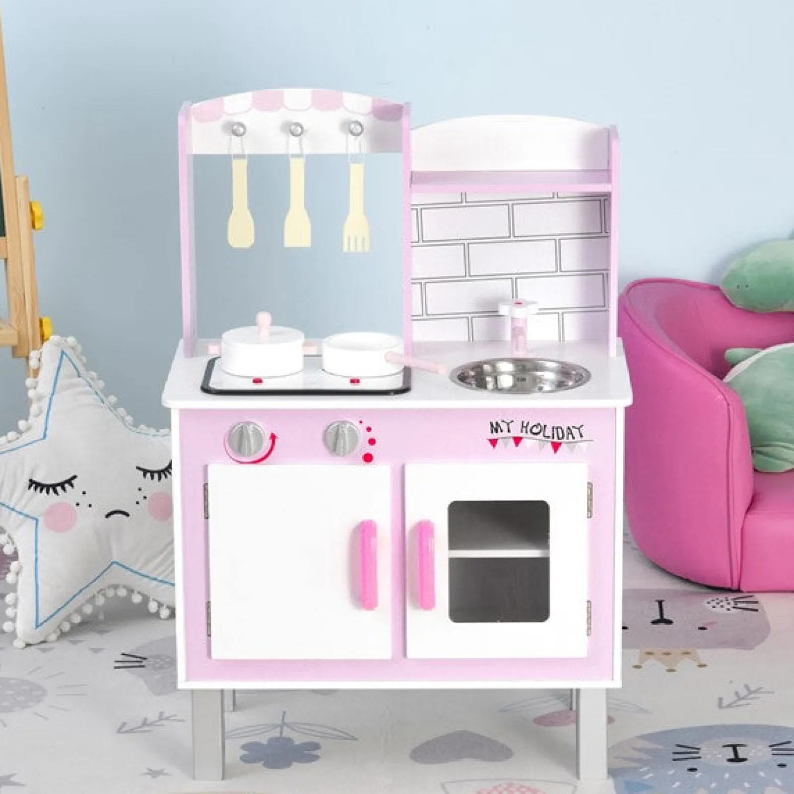 Little Helper Wooden Toys & Educational Toys | Toy Kitchens | Kids Montessori Inspired Wooden Toy Kitchen with Realistic Sounds & Accessories | Candy Pink & White