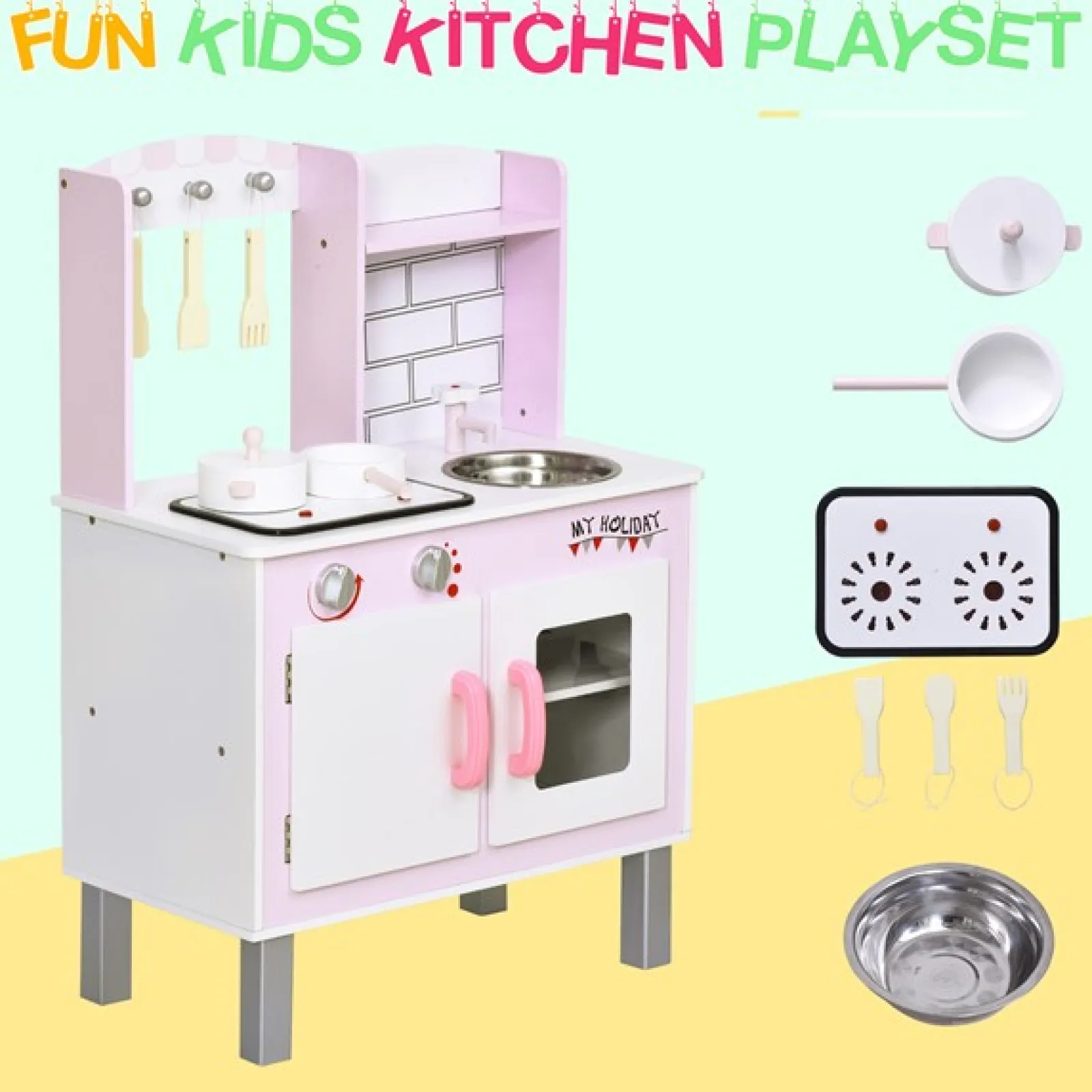 Little Helper Wooden Toys & Educational Toys | Toy Kitchens | Kids Montessori Inspired Wooden Toy Kitchen with Realistic Sounds & Accessories | Candy Pink & White