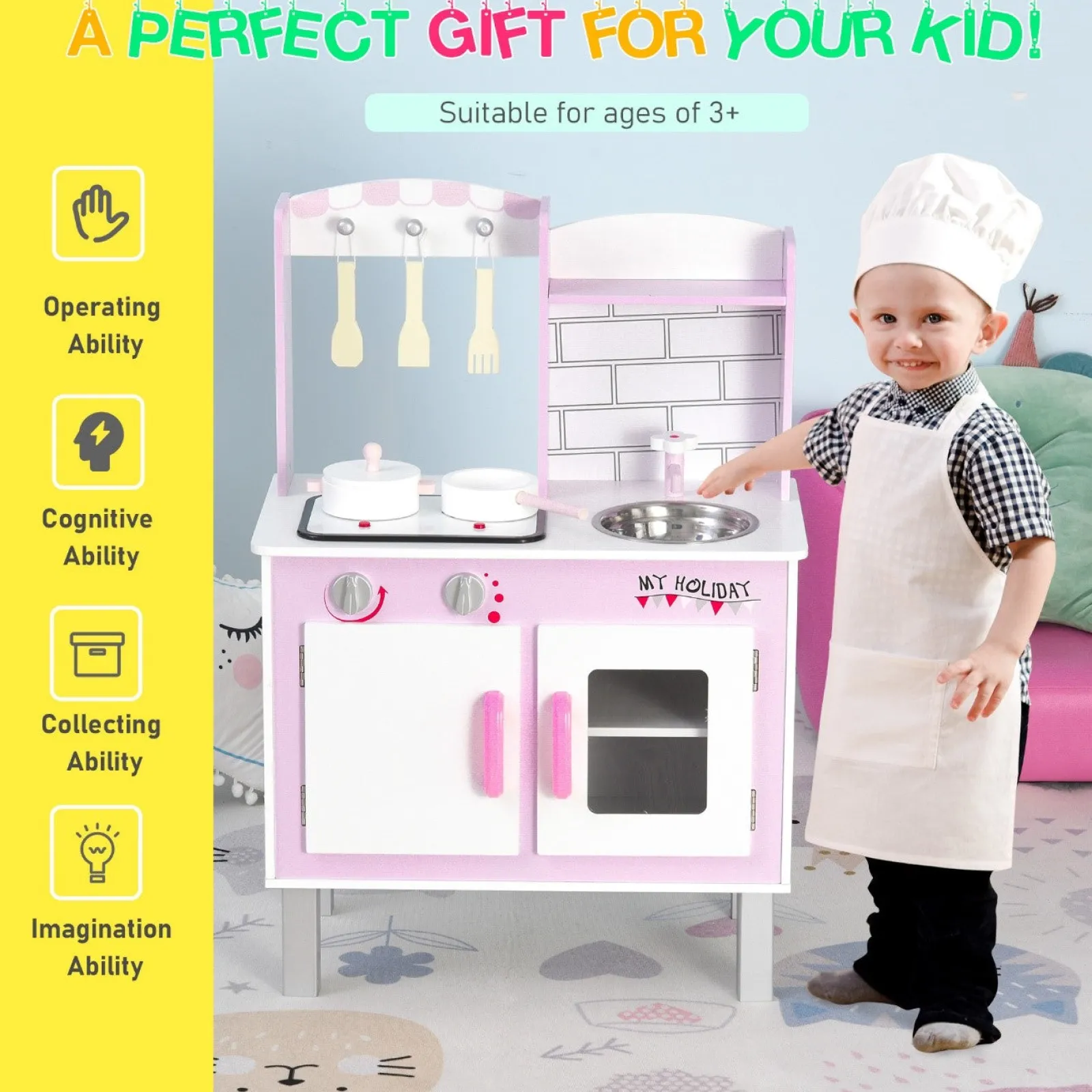 Little Helper Wooden Toys & Educational Toys | Toy Kitchens | Kids Montessori Inspired Wooden Toy Kitchen with Realistic Sounds & Accessories | Candy Pink & White