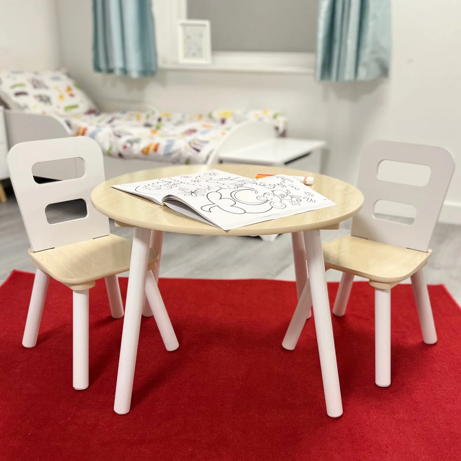 Little Helper Montessori Toys & Products | Table & Chairs (wooden) | Kids Montessori Modern White and Natural Wood Table and 2 Chairs | 2 Years +