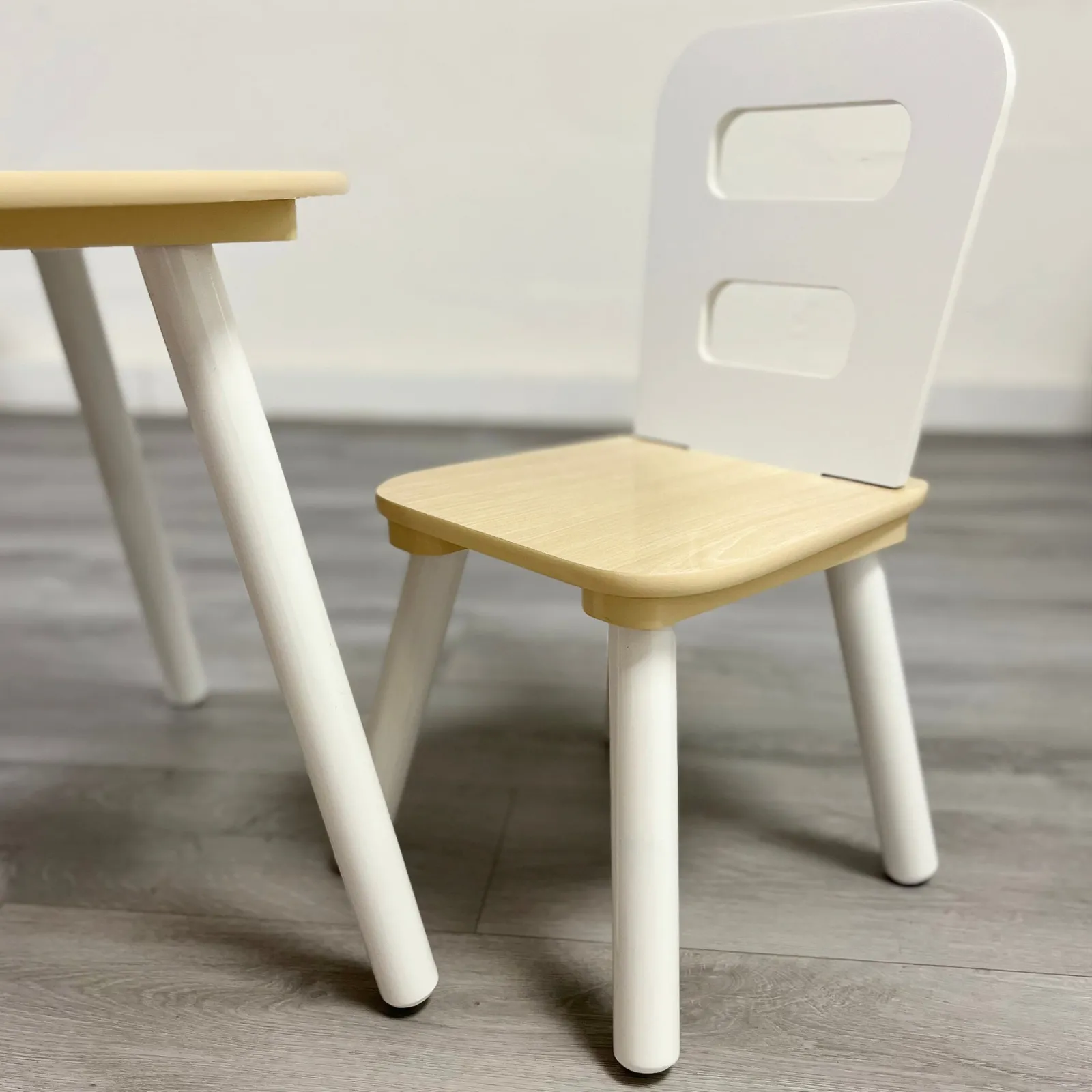 Little Helper Montessori Toys & Products | Table & Chairs (wooden) | Kids Montessori Modern White and Natural Wood Table and 2 Chairs | 2 Years +
