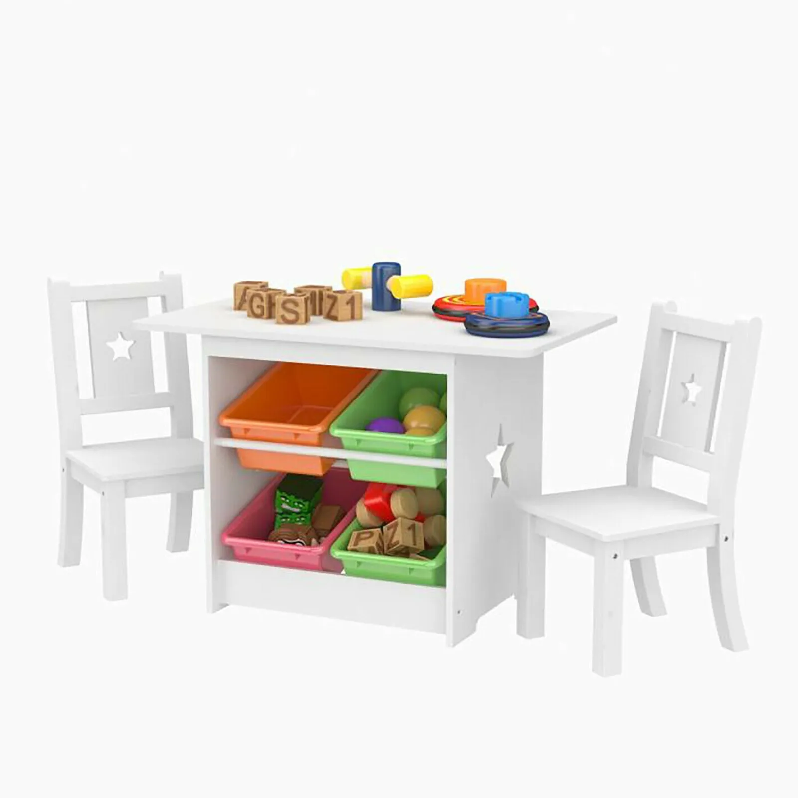 Little Helper Table & Chairs (wooden) | Kids Montessori Table & 2 Chairs Set | 4 Vibrant Storage Bins | White | 3 years+