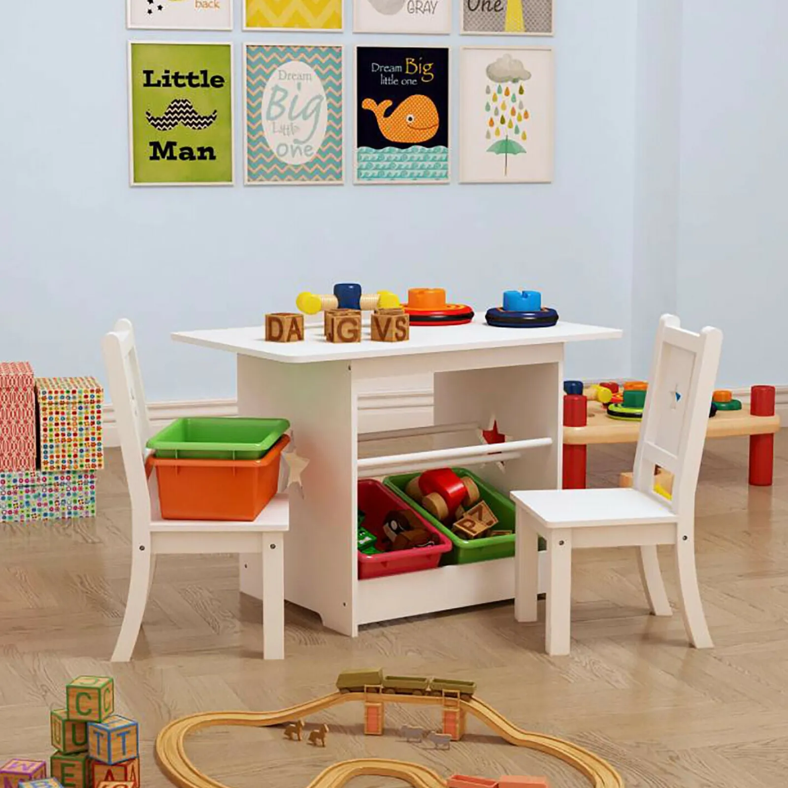 Little Helper Table & Chairs (wooden) | Kids Montessori Table & 2 Chairs Set | 4 Vibrant Storage Bins | White | 3 years+