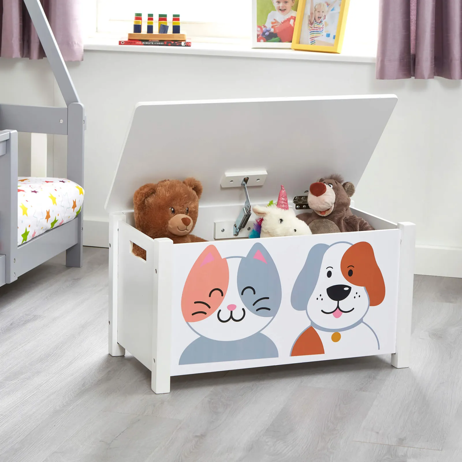 Little Helper Montessori Toys & Products | Toy Box & Blanket Box | Kids Montessori Toy Box and Seat with Slow Release Hinge | Ottoman | Blanket Box | Cat & Dog Design