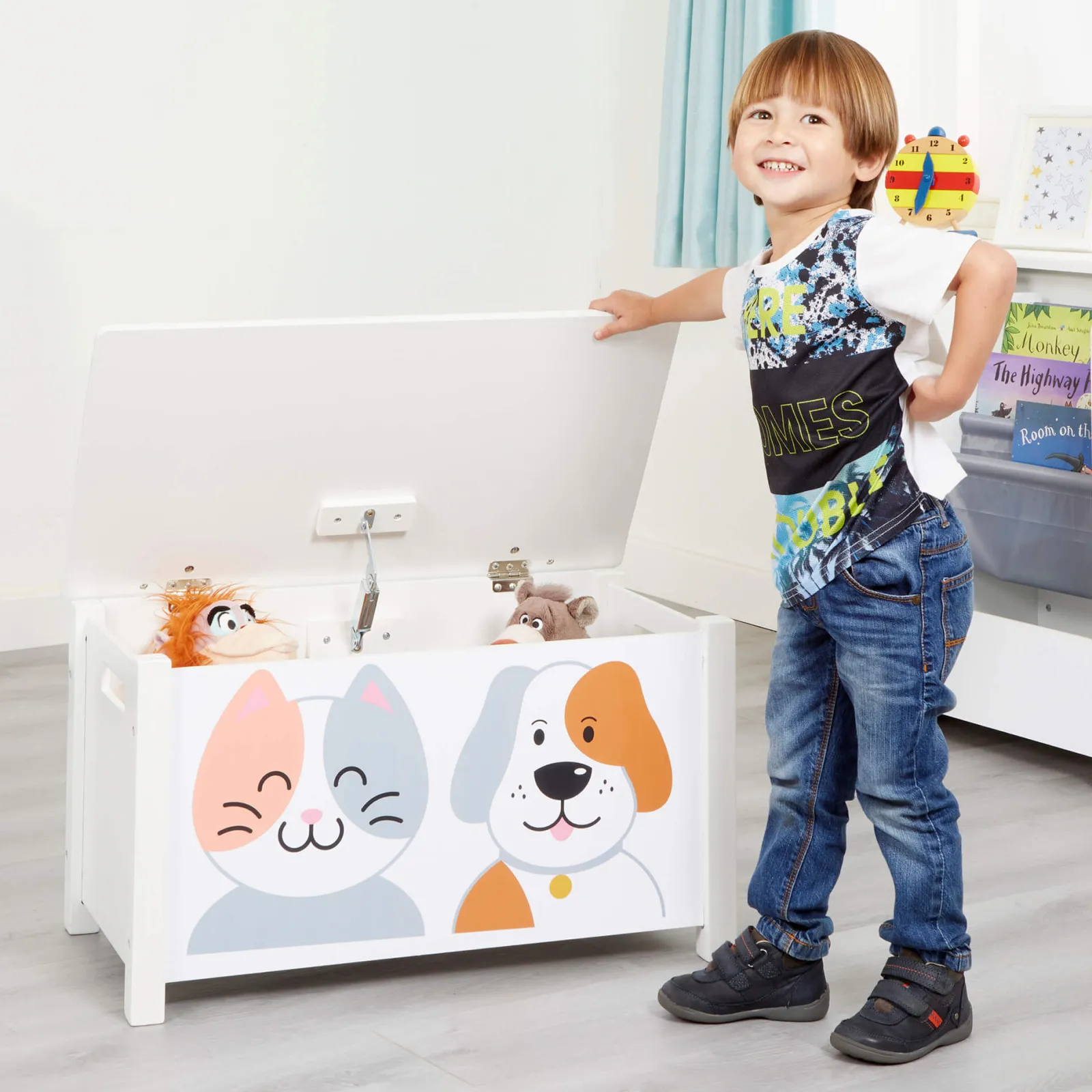 Little Helper Montessori Toys & Products | Toy Box & Blanket Box | Kids Montessori Toy Box and Seat with Slow Release Hinge | Ottoman | Blanket Box | Cat & Dog Design