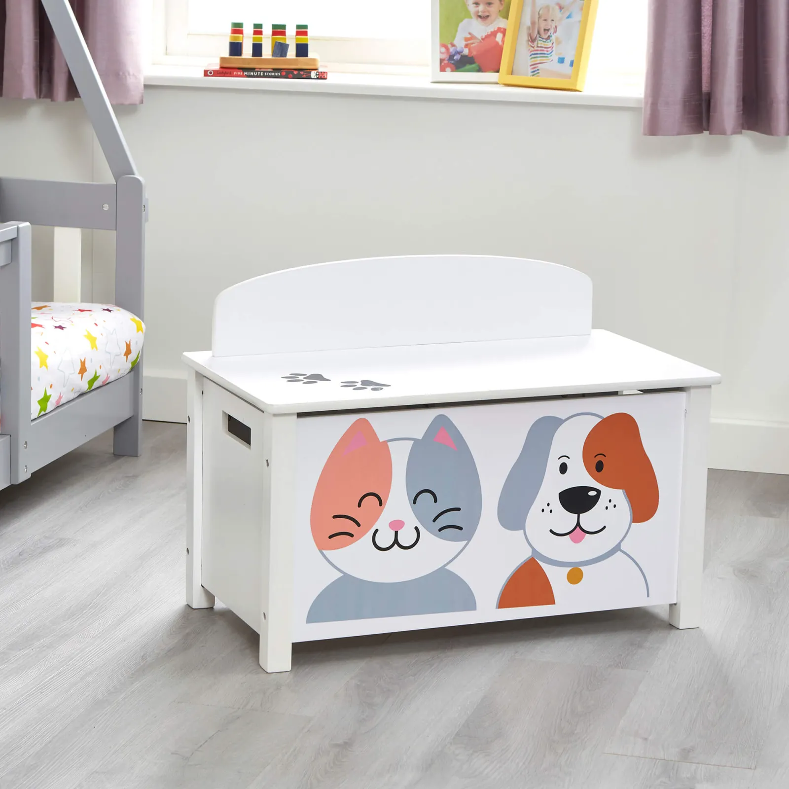 Little Helper Montessori Toys & Products | Toy Box & Blanket Box | Kids Montessori Toy Box and Seat with Slow Release Hinge | Ottoman | Blanket Box | Cat & Dog Design