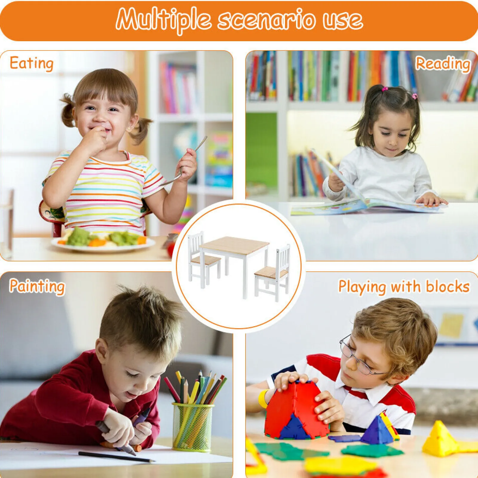 Little Helper Montessori Toys & Products | Table & Chairs (wooden) | Kids Montessori White Natural Wood Table and 2 Chairs | 3 years +