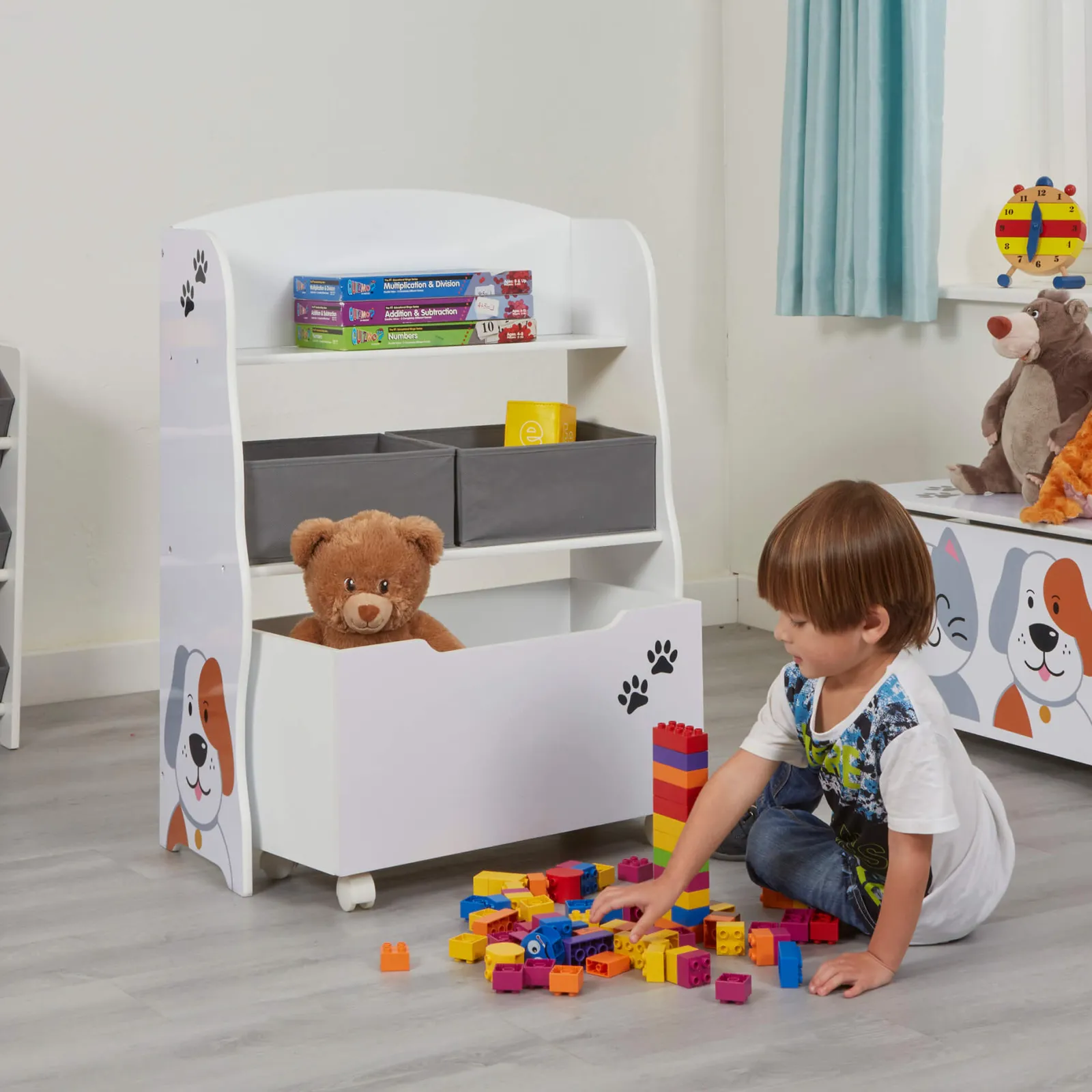 Little Helper Montessori Toys & Products | Toy Storage Units | Kid's Montessori Wooden Bookcase & Toy Storage Unit | Rollout Drawer & Boxes | Dog & Cat Design