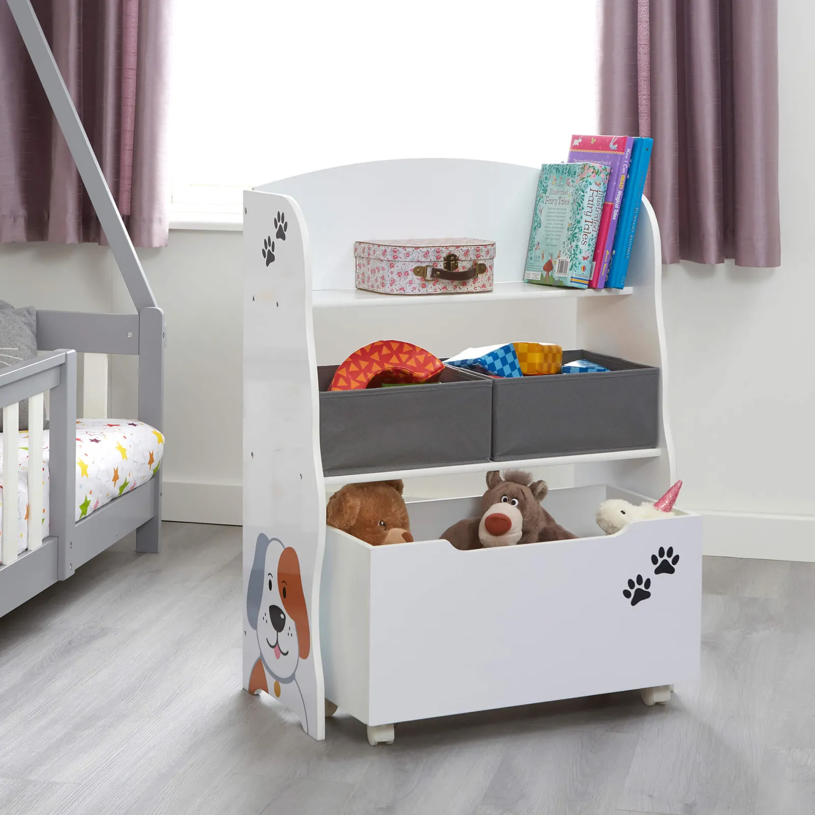 Little Helper Montessori Toys & Products | Toy Storage Units | Kid's Montessori Wooden Bookcase & Toy Storage Unit | Rollout Drawer & Boxes | Dog & Cat Design
