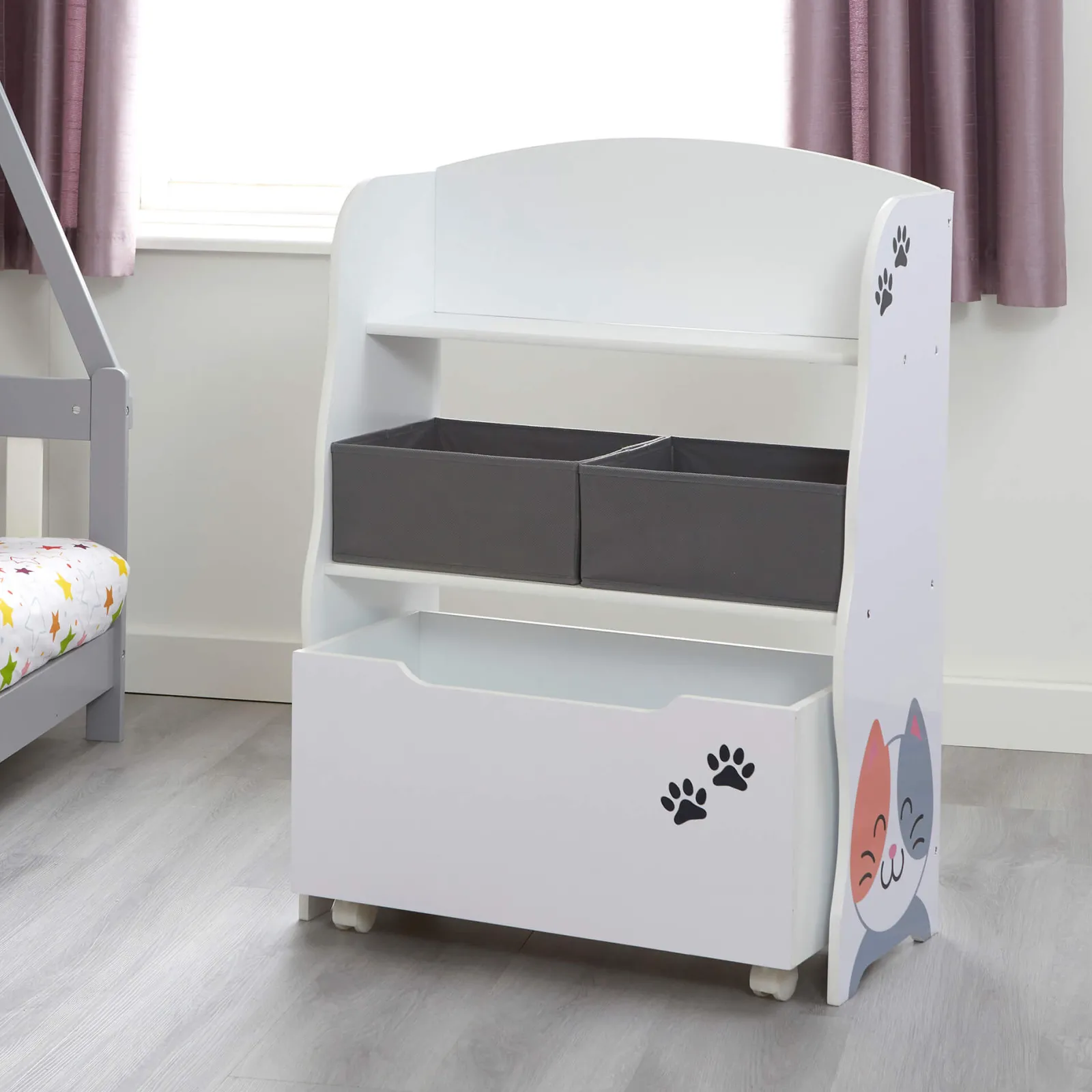 Little Helper Montessori Toys & Products | Toy Storage Units | Kid's Montessori Wooden Bookcase & Toy Storage Unit | Rollout Drawer & Boxes | Dog & Cat Design