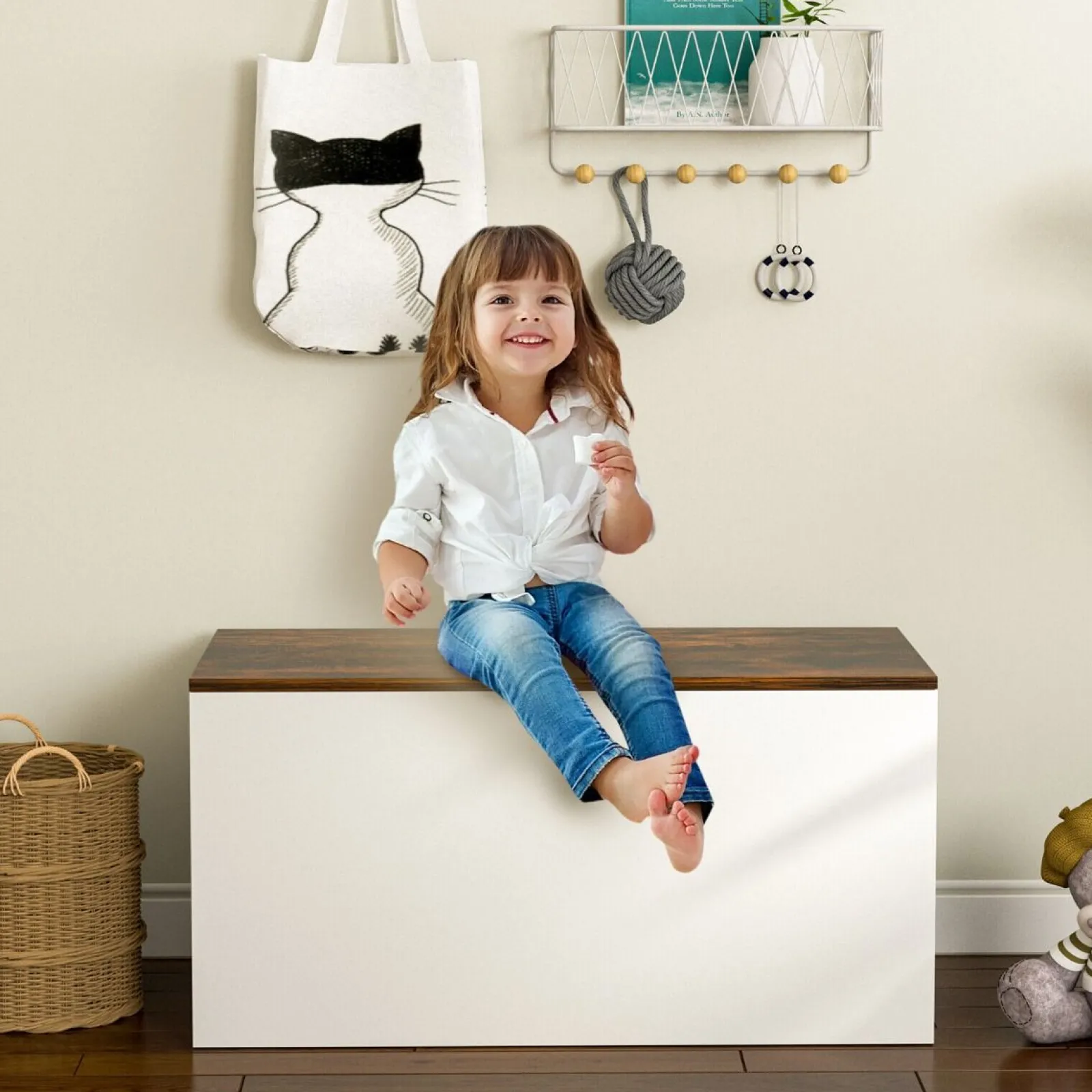 Little Helper Toy Storage Units | Toy Storage Units | Kids Multifunctional Wooden Toy Box | Self-Holding Lid | Childrens Wooden Toy Storage Box | White