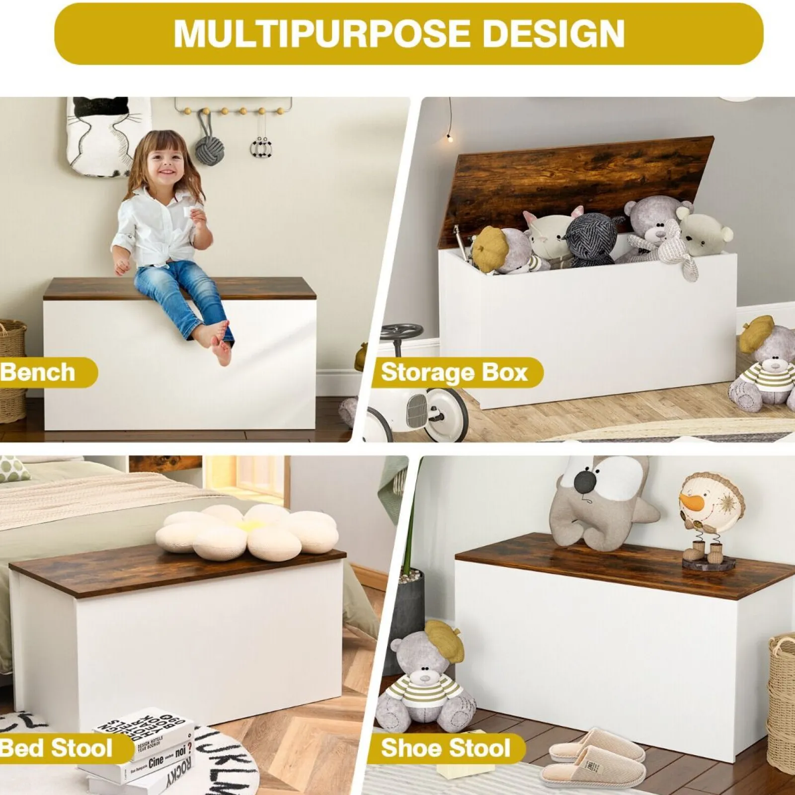 Little Helper Toy Storage Units | Toy Storage Units | Kids Multifunctional Wooden Toy Box | Self-Holding Lid | Childrens Wooden Toy Storage Box | White