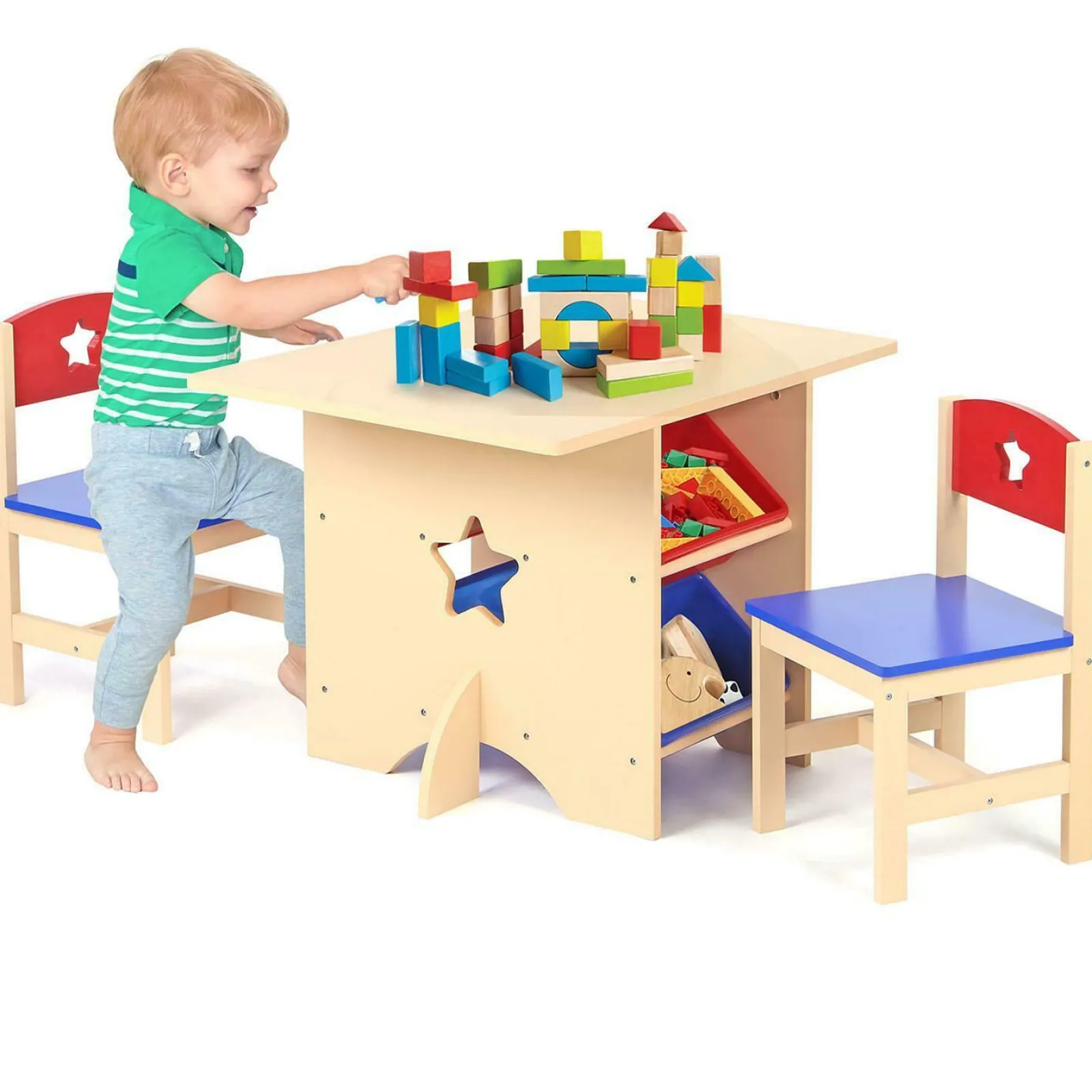 Little Helper Table & Chairs (wooden) | Kids Natural Wooden Table & 2 Chairs Set | 4 Large Storage Bins or Boxes | 3 years+