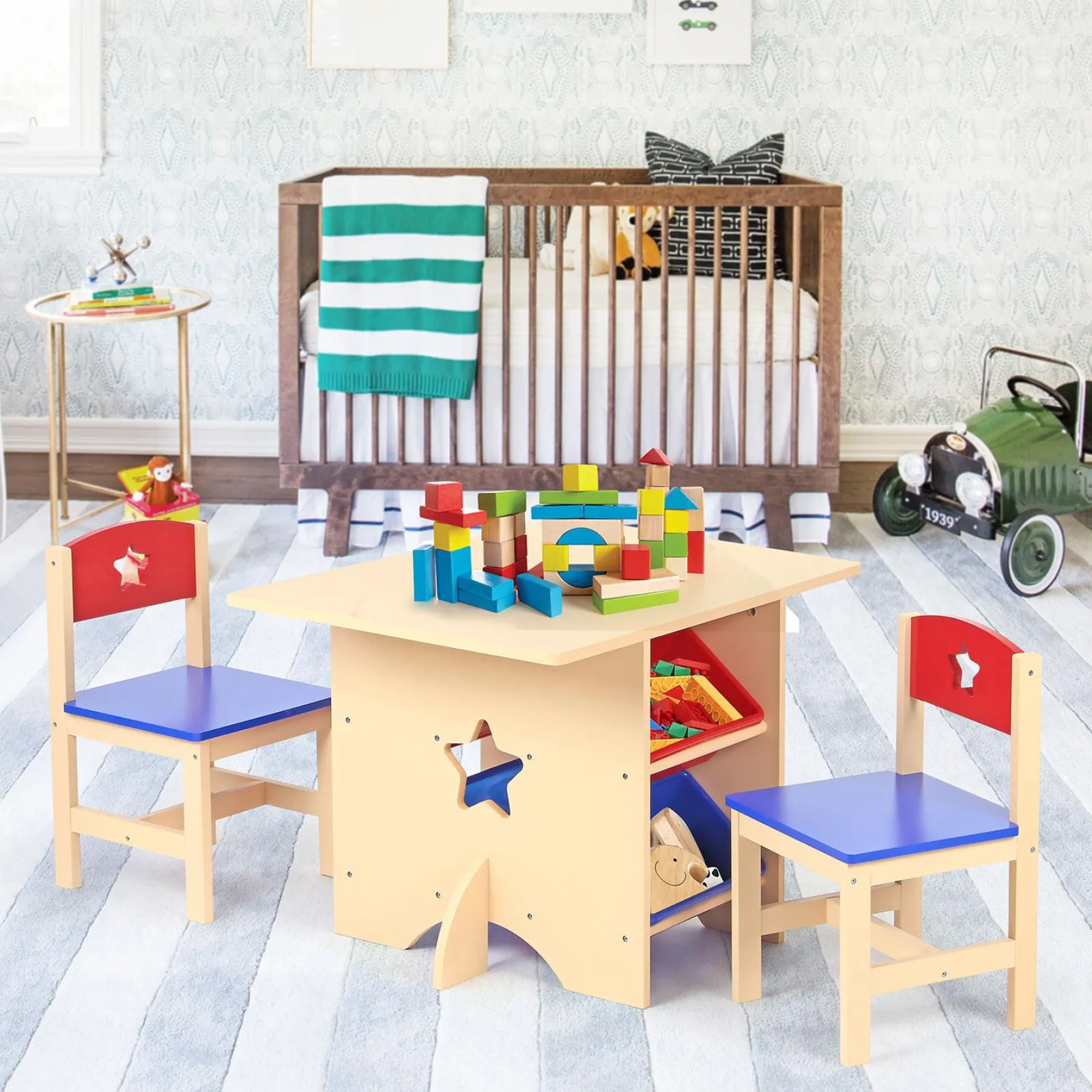 Little Helper Table & Chairs (wooden) | Kids Natural Wooden Table & 2 Chairs Set | 4 Large Storage Bins or Boxes | 3 years+