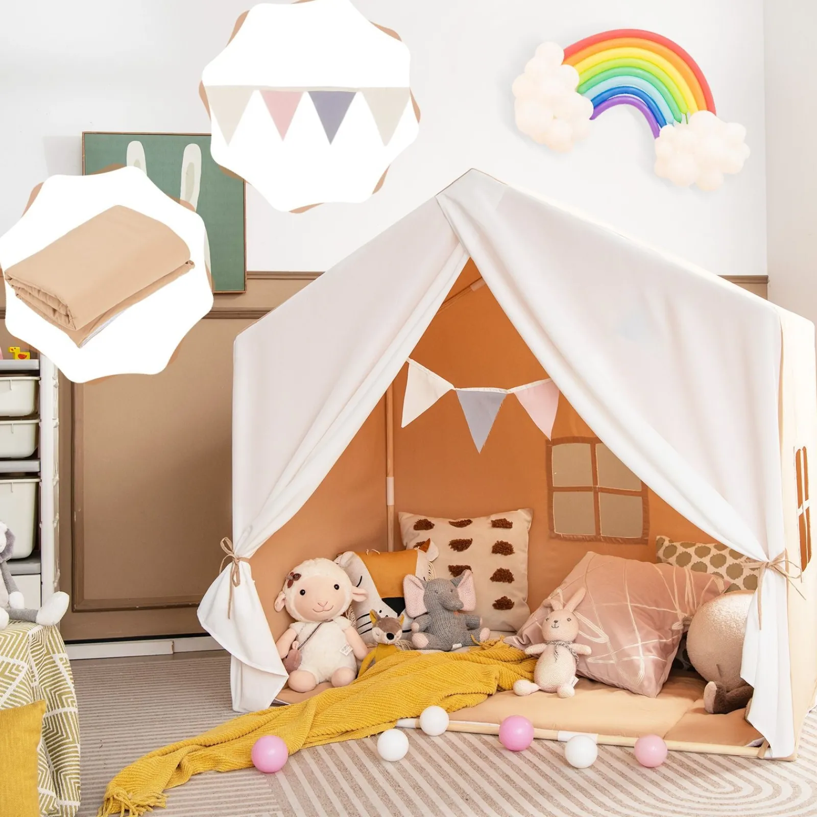 Little Helper Playhouses, Teepees & Dens | Playhouses, Teepees & Dens | Kids Playhouse Tent | Windows and Curtain | Washable Non-Slip Mat | Brown or Pink