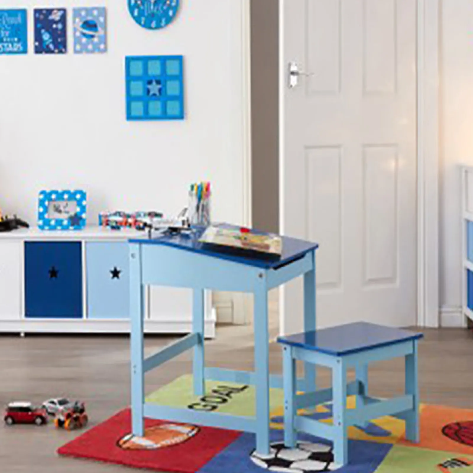 Little Helper Table & Chairs (wooden) | Kids Robust & Compact Desk with Stool and Storage | Blue | 3-8 Years