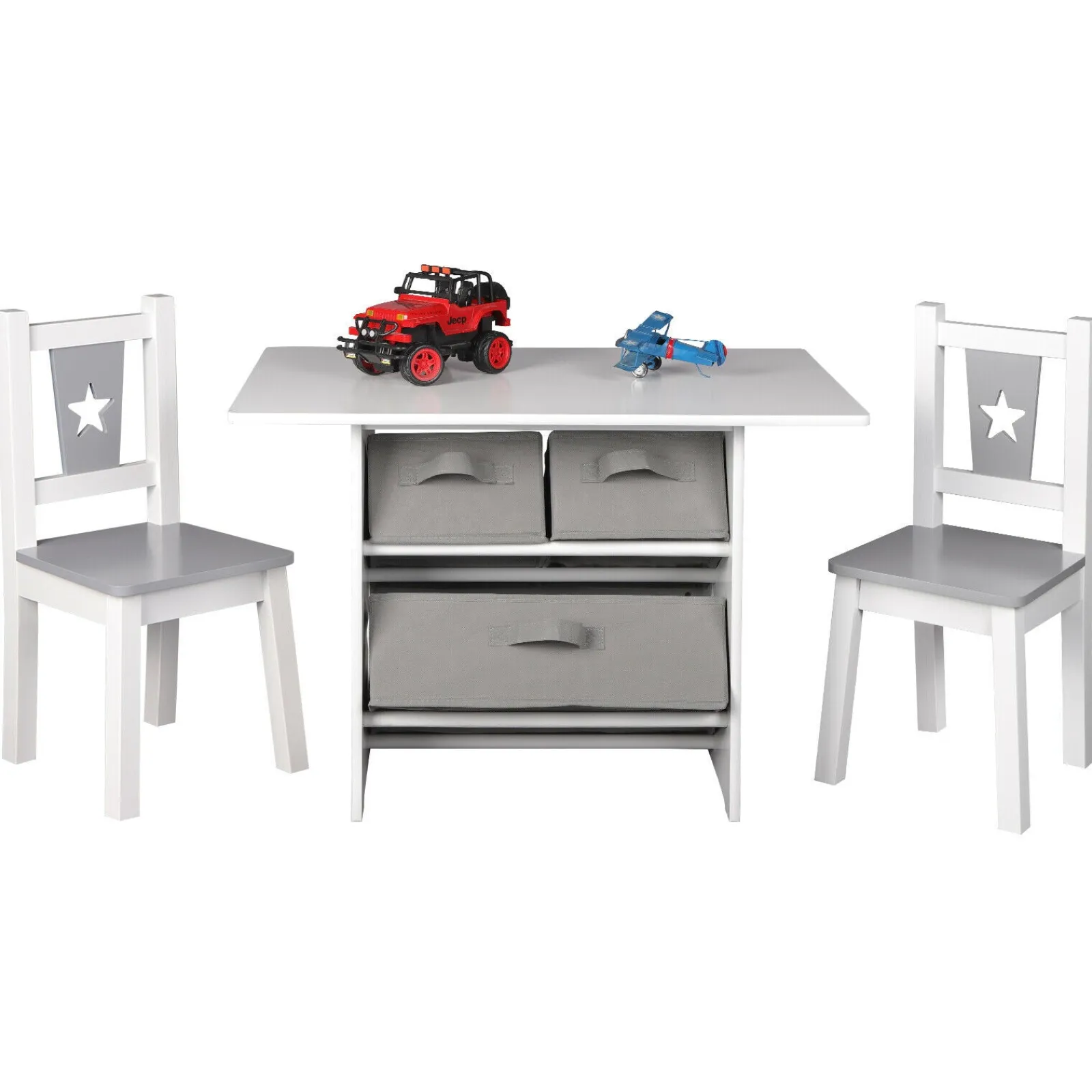 Little Helper Table & Chairs (wooden) | Kids Scratch-resistant Wooden Table & 2 Chairs Set | 3 Storage Bins | Grey & White | 3 years+
