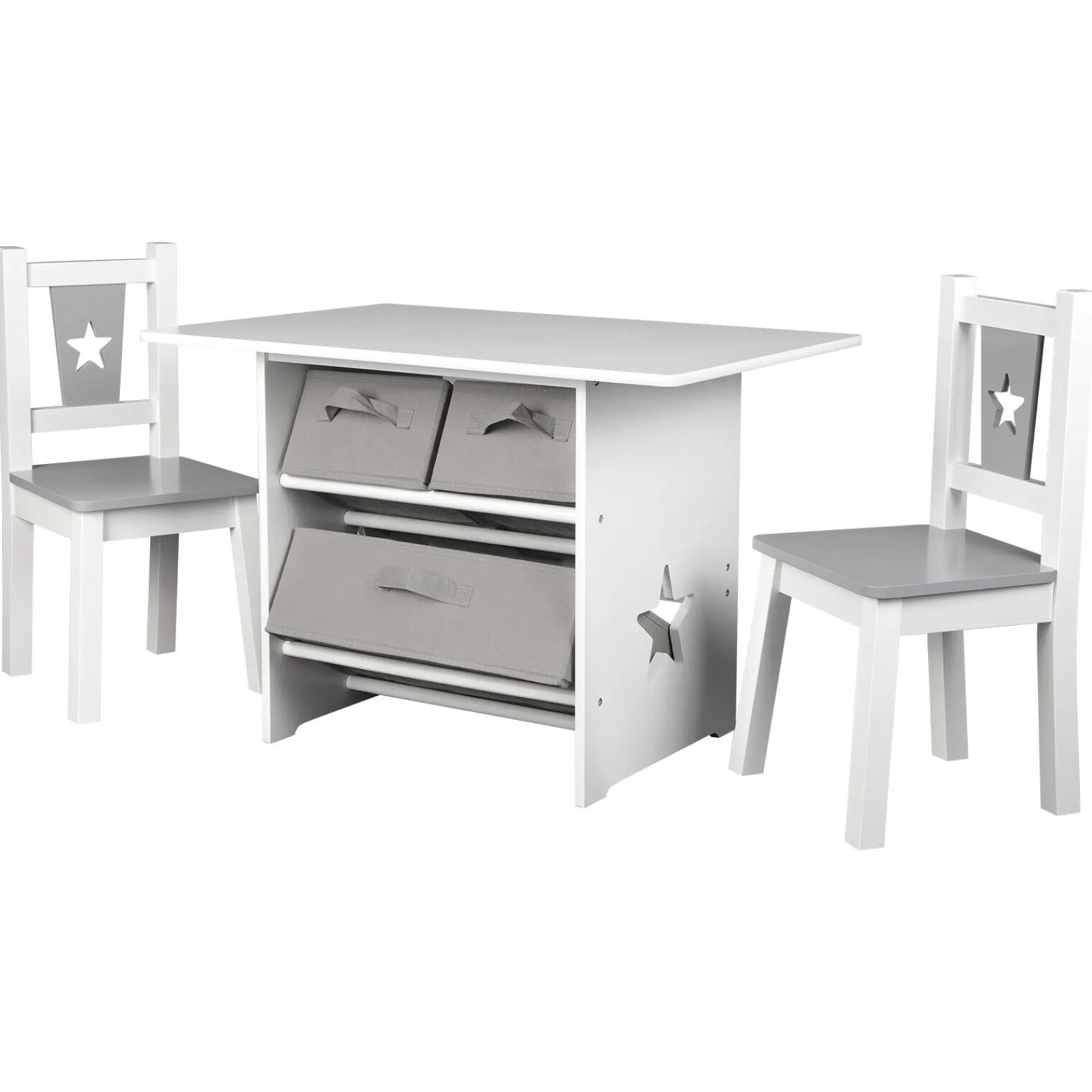Little Helper Table & Chairs (wooden) | Kids Scratch-resistant Wooden Table & 2 Chairs Set | 3 Storage Bins | Grey & White | 3 years+