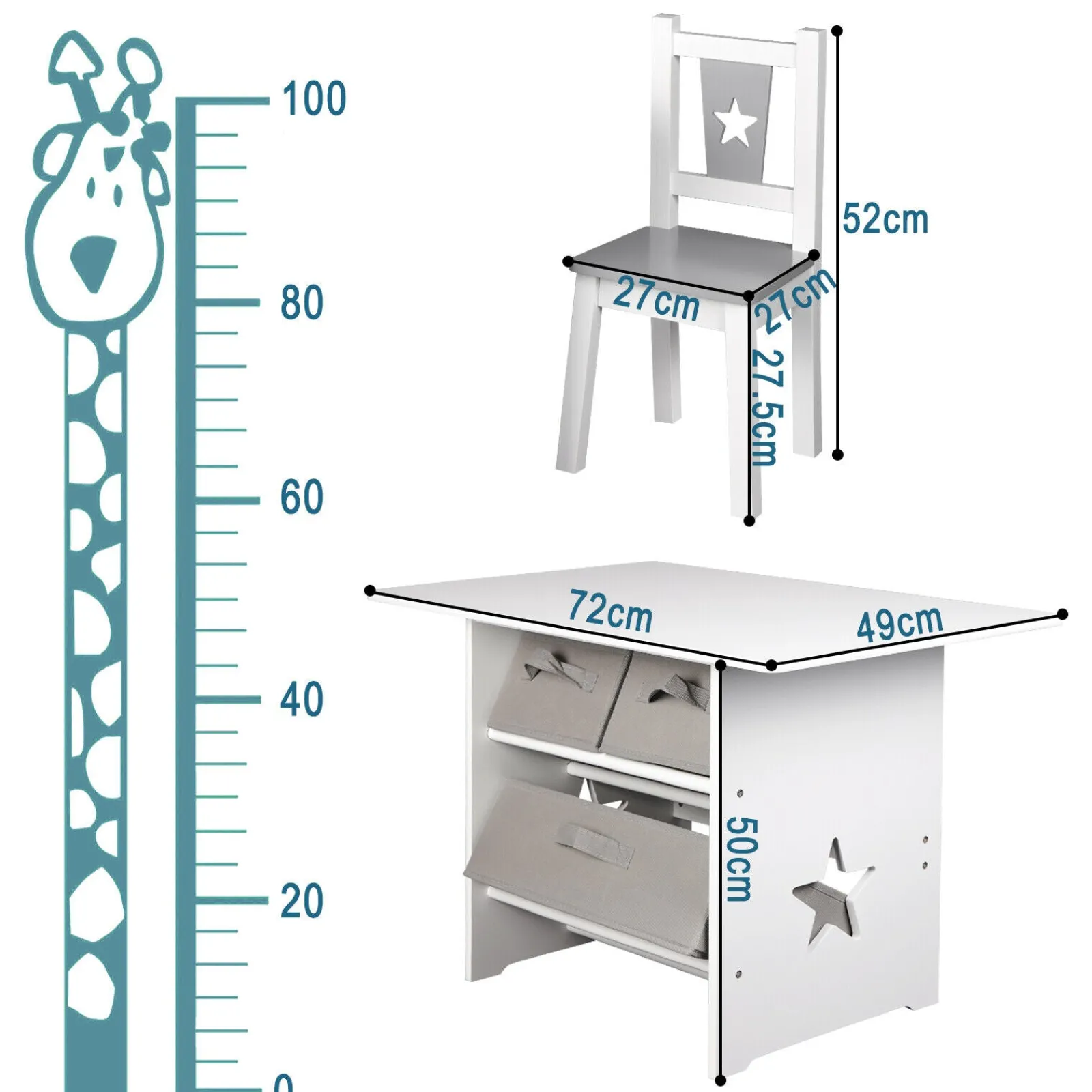 Little Helper Table & Chairs (wooden) | Kids Scratch-resistant Wooden Table & 2 Chairs Set | 3 Storage Bins | Grey & White | 3 years+