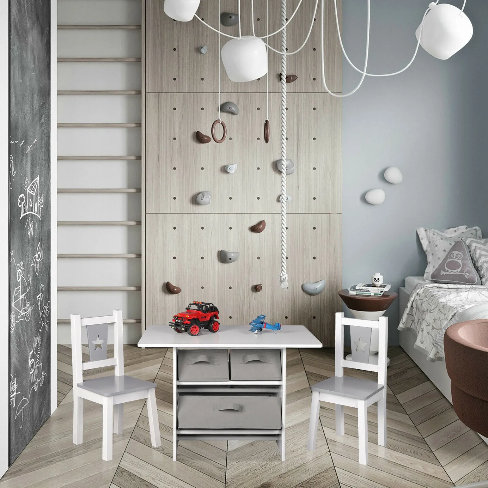 Little Helper Table & Chairs (wooden) | Kids Scratch-resistant Wooden Table & 2 Chairs Set | 3 Storage Bins | Grey & White | 3 years+