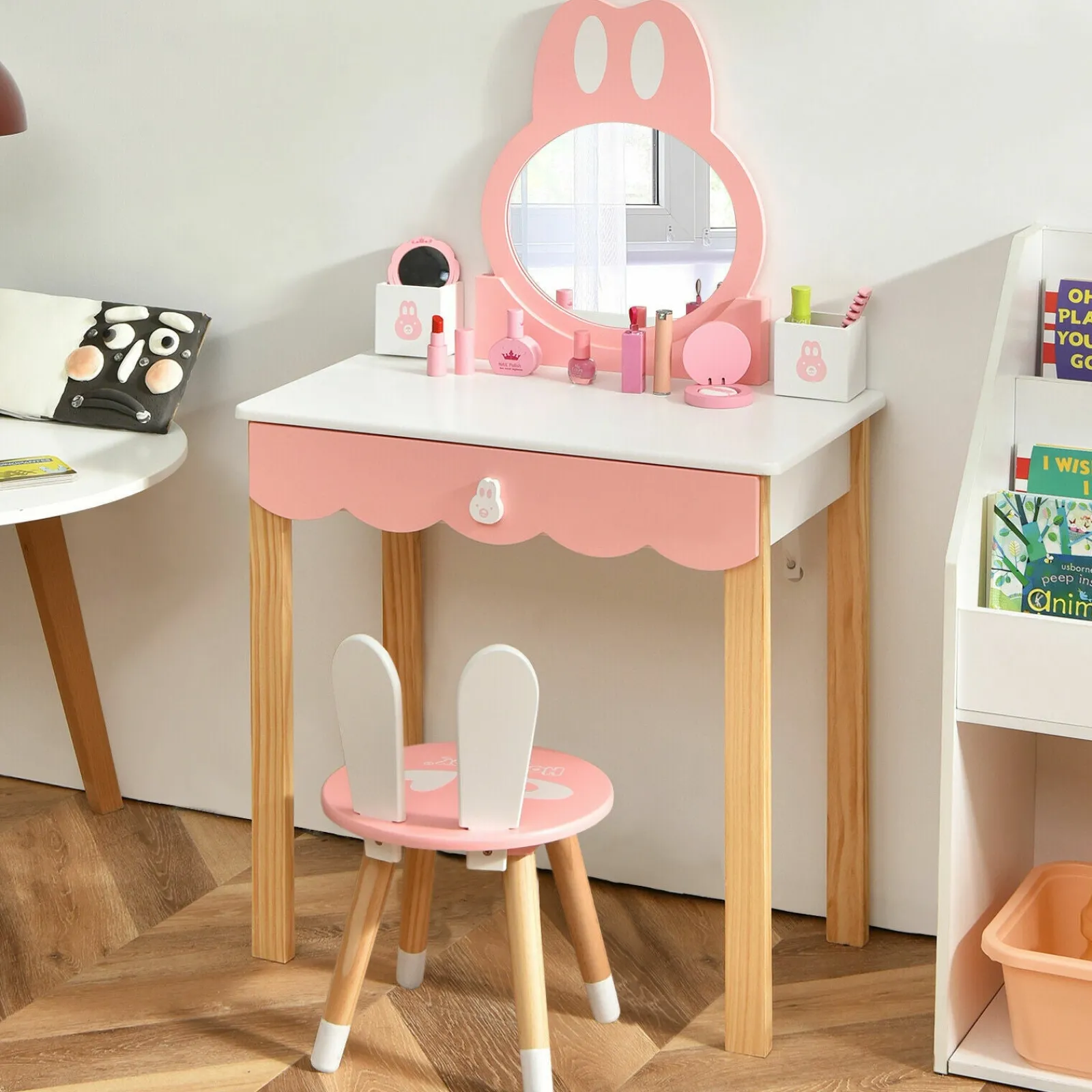 Little Helper Toy Storage Units | Toy Storage Units | Kids Vanity Table and Chair Set Pretend Makeup Dressing Table W/ Mirror & Drawer