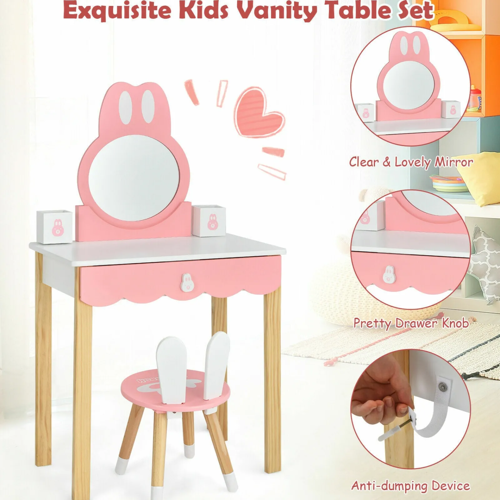 Little Helper Toy Storage Units | Toy Storage Units | Kids Vanity Table and Chair Set Pretend Makeup Dressing Table W/ Mirror & Drawer