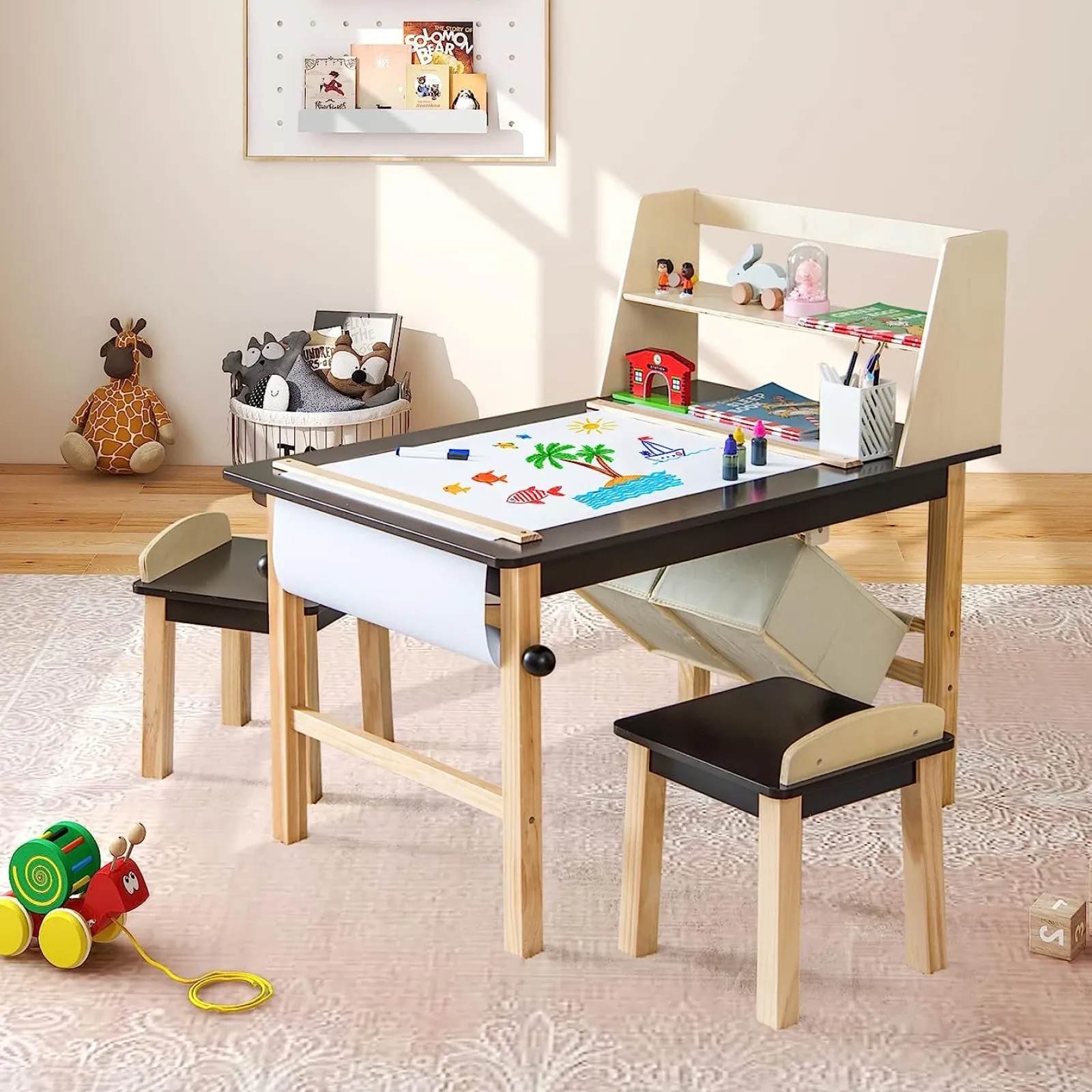 Little Helper Kids Arts & Crafts & Accessories | Table & Chairs (wooden) | Kids Wooden Activity Table and 2 Chairs Set | Art Table for Kids | 2 Storage Bins with Paper Roll