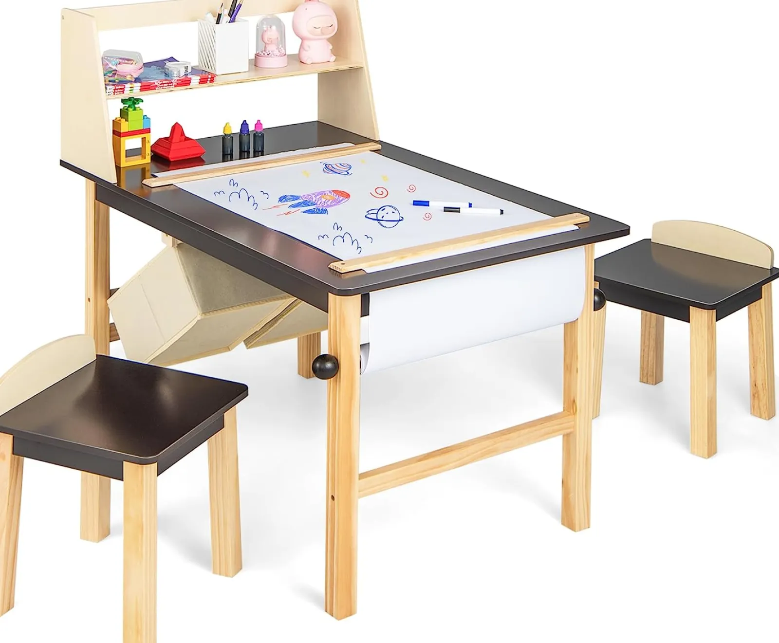 Little Helper Kids Arts & Crafts & Accessories | Table & Chairs (wooden) | Kids Wooden Activity Table and 2 Chairs Set | Art Table for Kids | 2 Storage Bins with Paper Roll