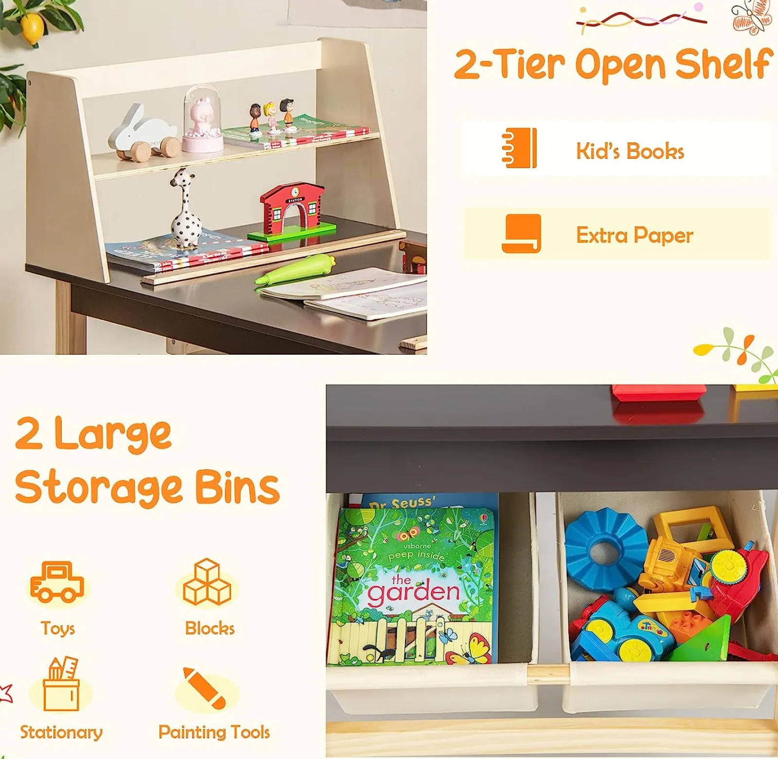 Little Helper Kids Arts & Crafts & Accessories | Table & Chairs (wooden) | Kids Wooden Activity Table and 2 Chairs Set | Art Table for Kids | 2 Storage Bins with Paper Roll