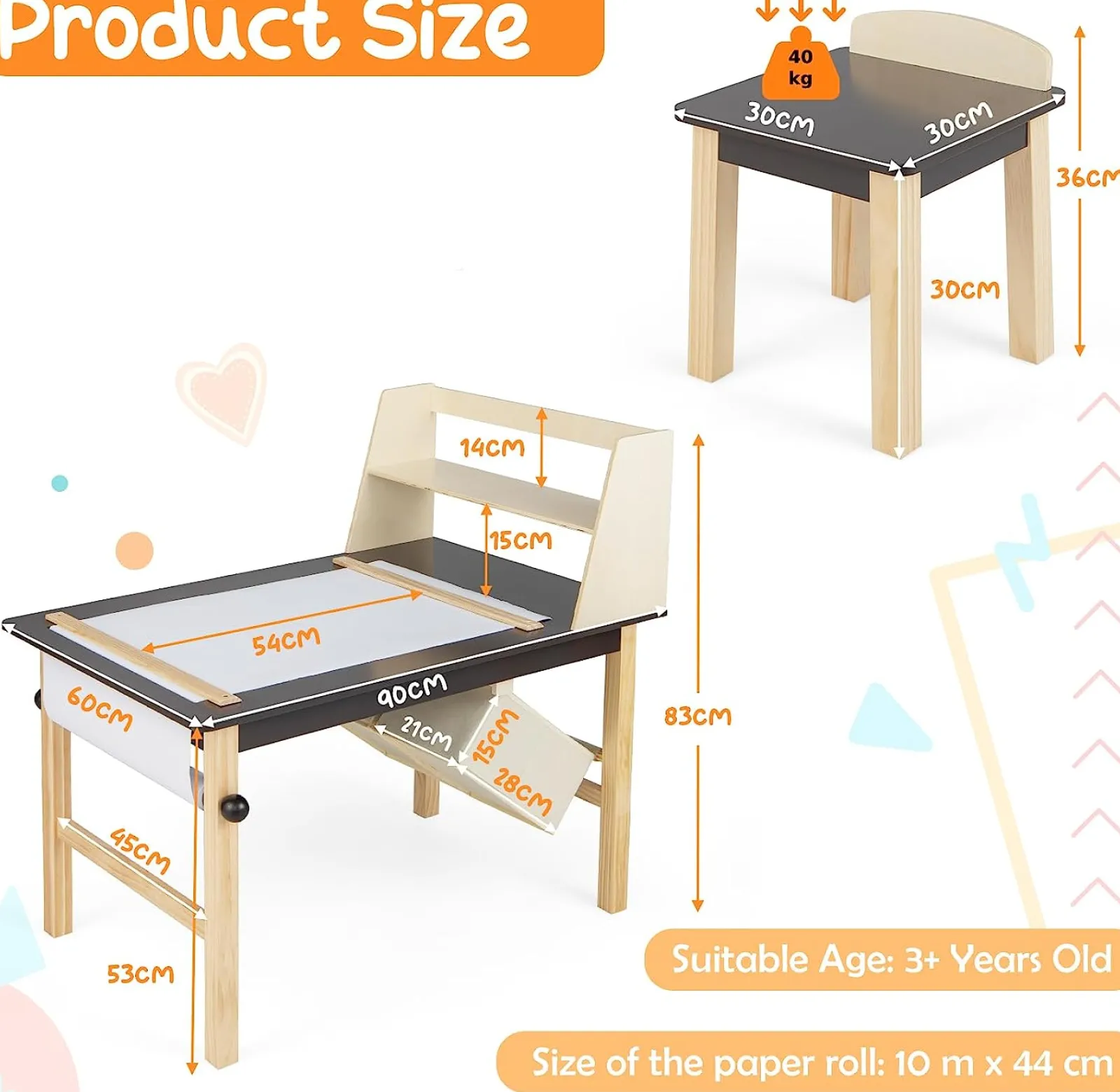 Little Helper Kids Arts & Crafts & Accessories | Table & Chairs (wooden) | Kids Wooden Activity Table and 2 Chairs Set | Art Table for Kids | 2 Storage Bins with Paper Roll