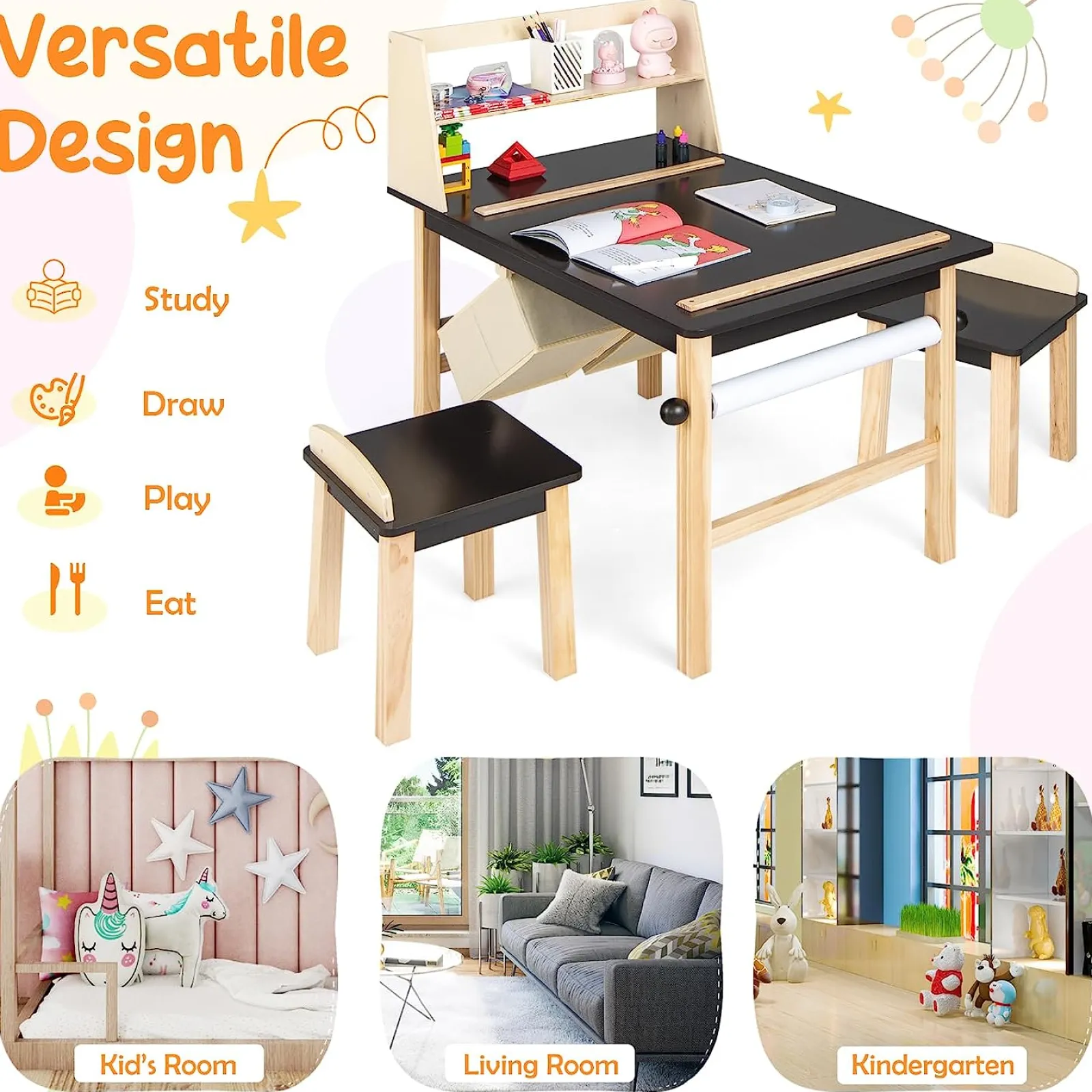 Little Helper Kids Arts & Crafts & Accessories | Table & Chairs (wooden) | Kids Wooden Activity Table and 2 Chairs Set | Art Table for Kids | 2 Storage Bins with Paper Roll