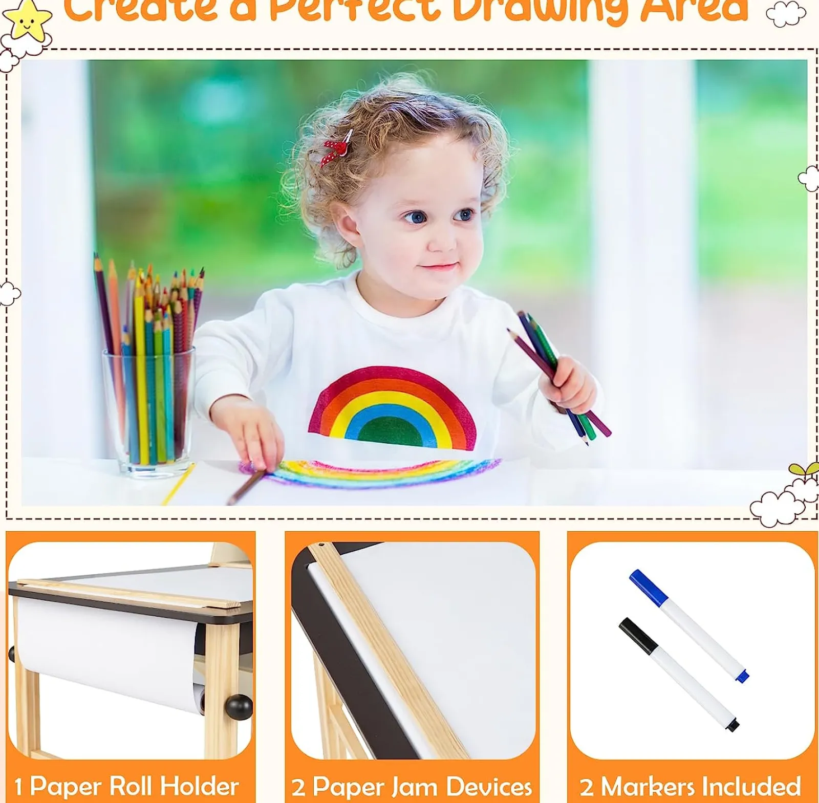 Little Helper Kids Arts & Crafts & Accessories | Table & Chairs (wooden) | Kids Wooden Activity Table and 2 Chairs Set | Art Table for Kids | 2 Storage Bins with Paper Roll