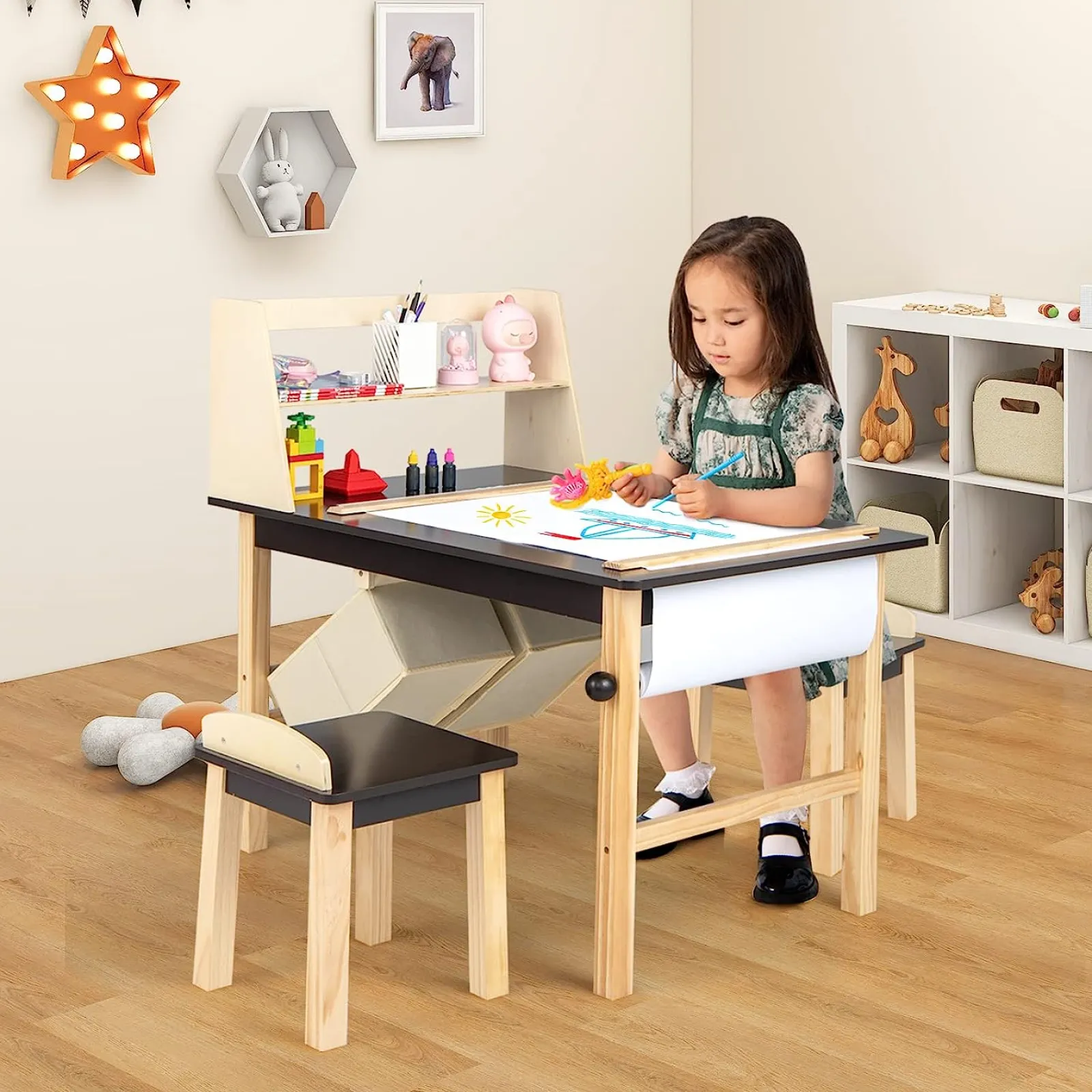 Little Helper Kids Arts & Crafts & Accessories | Table & Chairs (wooden) | Kids Wooden Activity Table and 2 Chairs Set | Art Table for Kids | 2 Storage Bins with Paper Roll