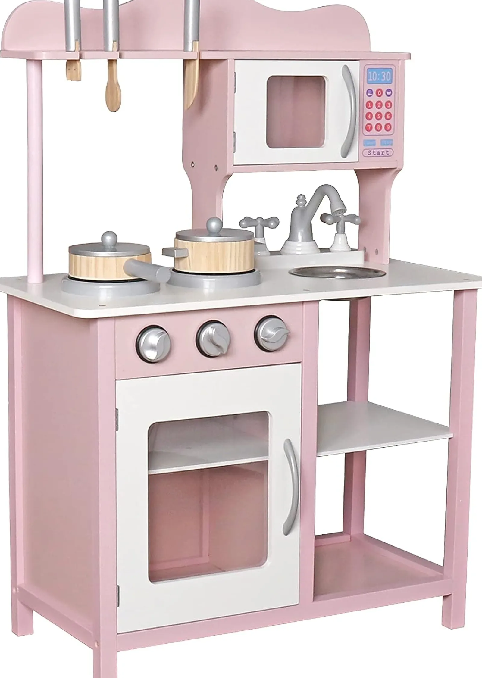 Little Helper Toy Kitchens | Toy Storage Units | Kids Wooden Play Kitchen Cooker Role Play Childrens Pretend Toys + Utensil | Pink