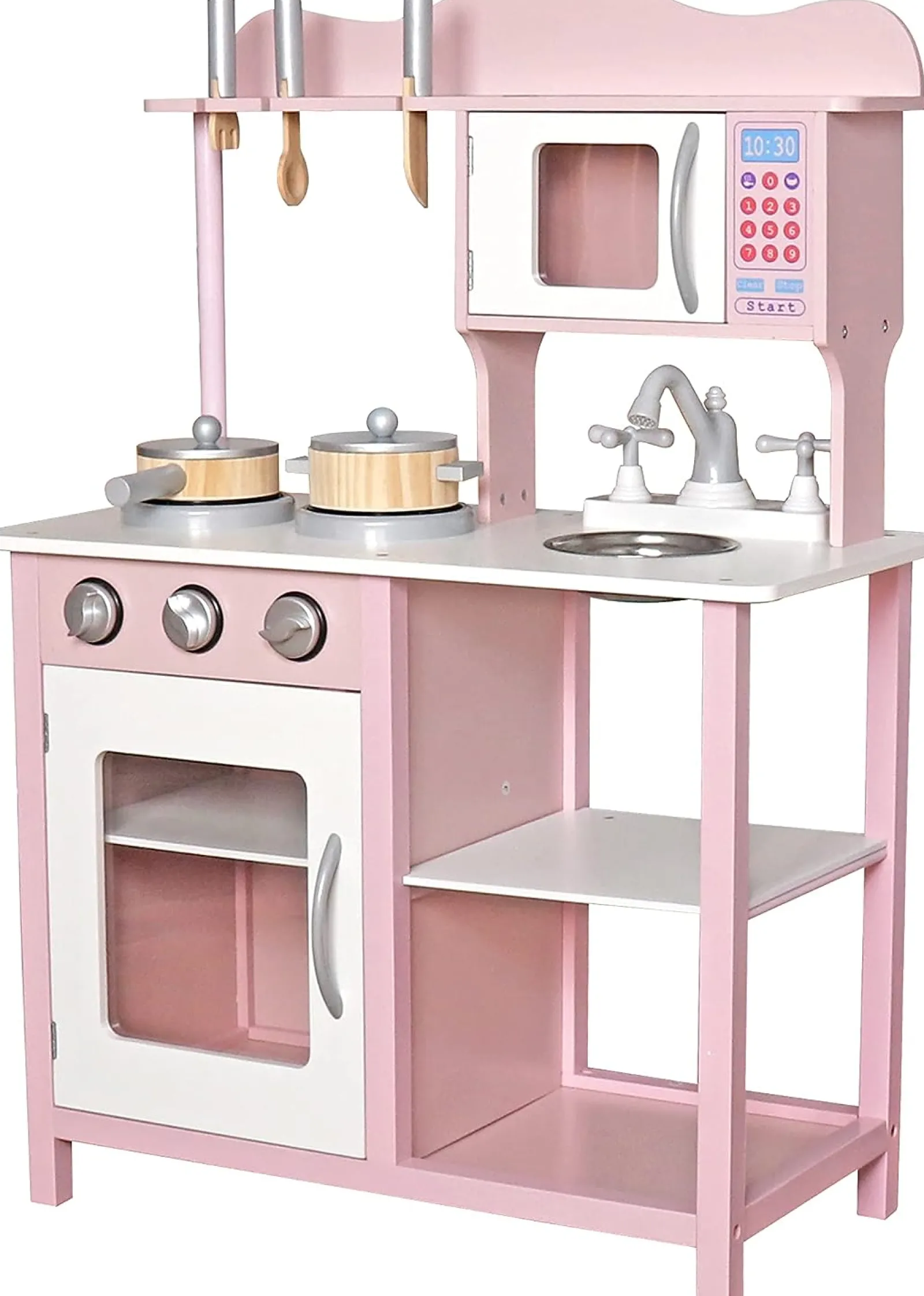 Little Helper Toy Kitchens | Toy Storage Units | Kids Wooden Play Kitchen Cooker Role Play Childrens Pretend Toys + Utensil | Pink