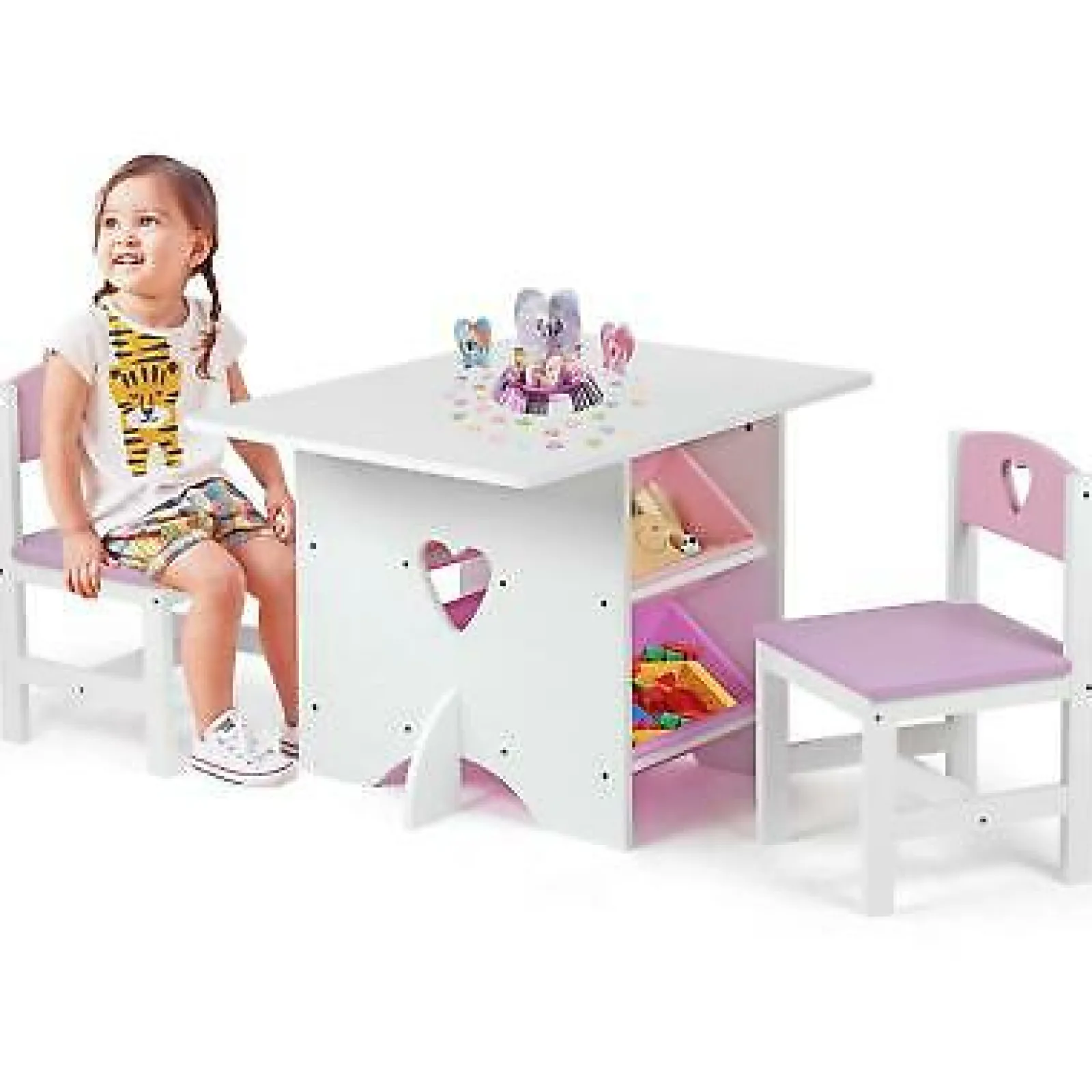 Little Helper Table & Chairs (wooden) | Kids Wooden Table & 2 Chairs Set | 4 Large Storage Bins | White & PInk | 3 years+