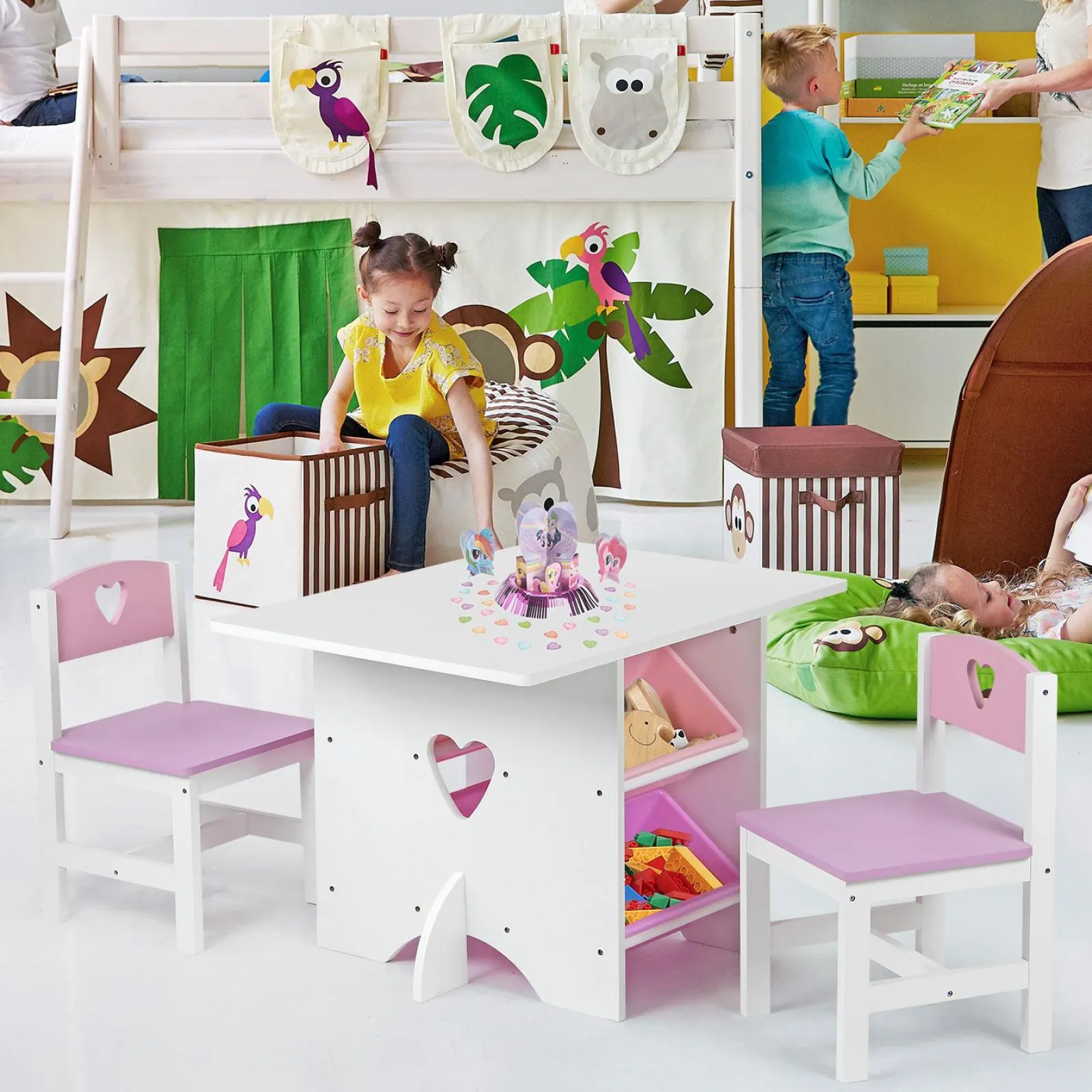 Little Helper Table & Chairs (wooden) | Kids Wooden Table & 2 Chairs Set | 4 Large Storage Bins | White & PInk | 3 years+