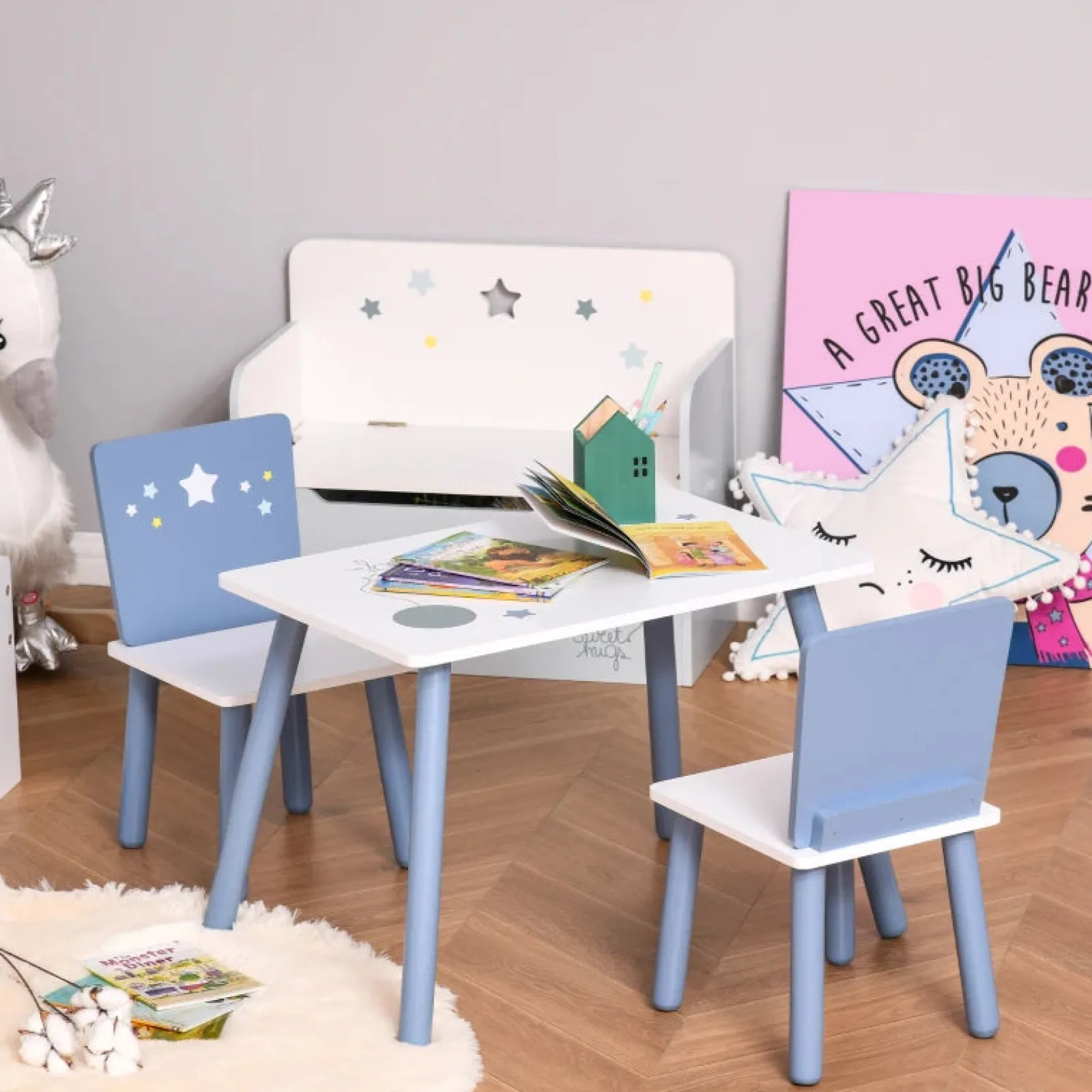 Little Helper Table & Chairs (wooden) | Kids Wooden Table and Chairs Set | Shooting Stars | Blue & White