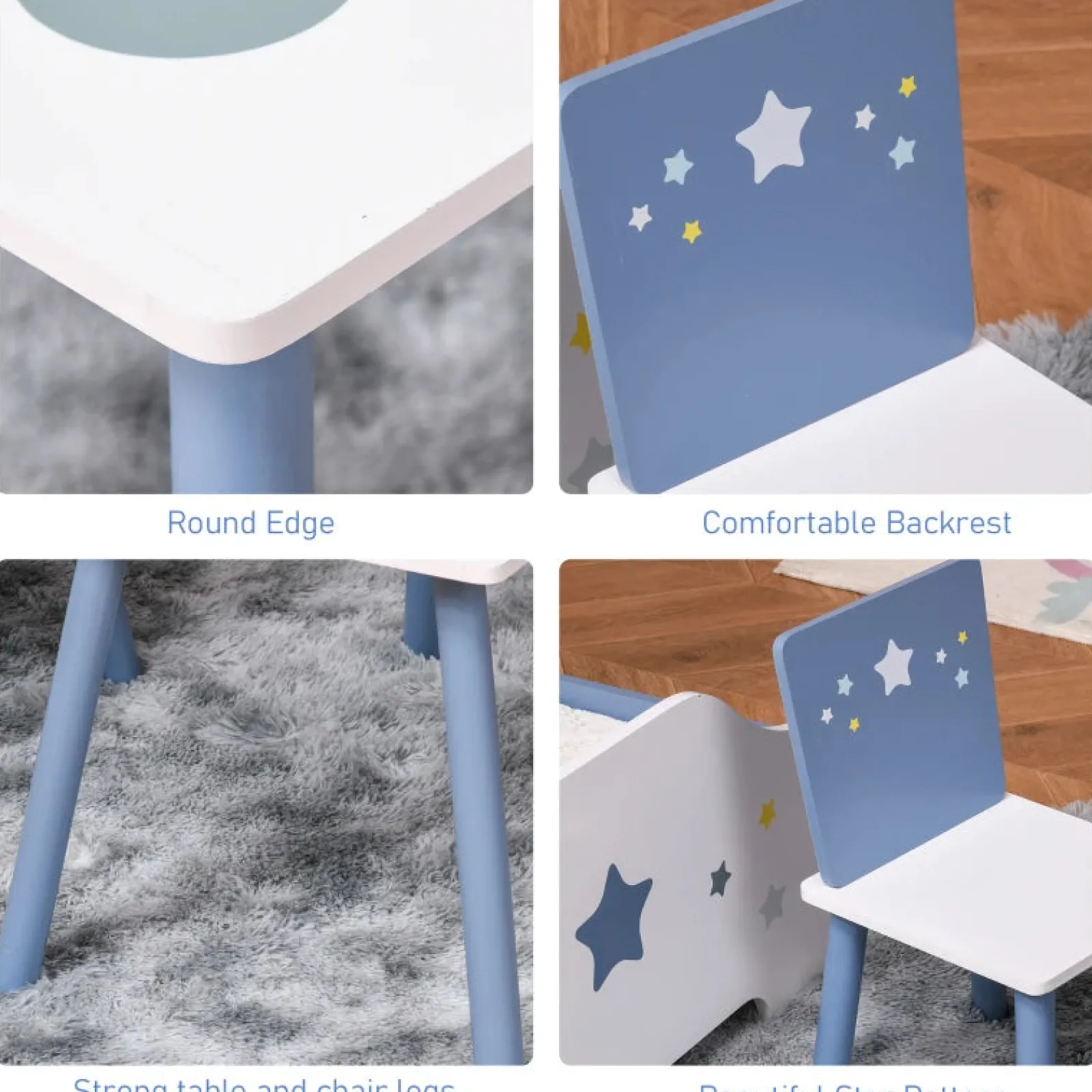 Little Helper Table & Chairs (wooden) | Kids Wooden Table and Chairs Set | Shooting Stars | Blue & White