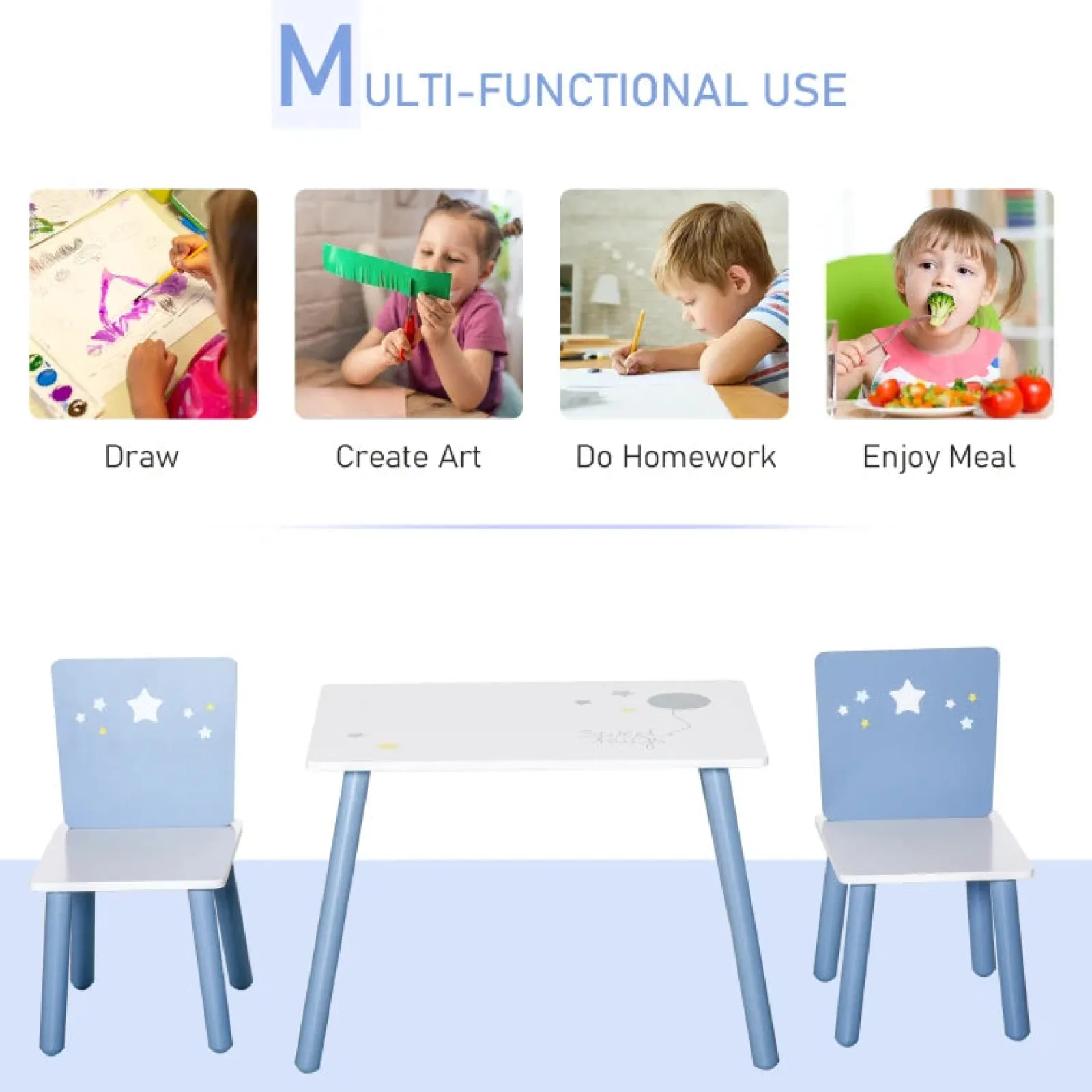Little Helper Table & Chairs (wooden) | Kids Wooden Table and Chairs Set | Shooting Stars | Blue & White
