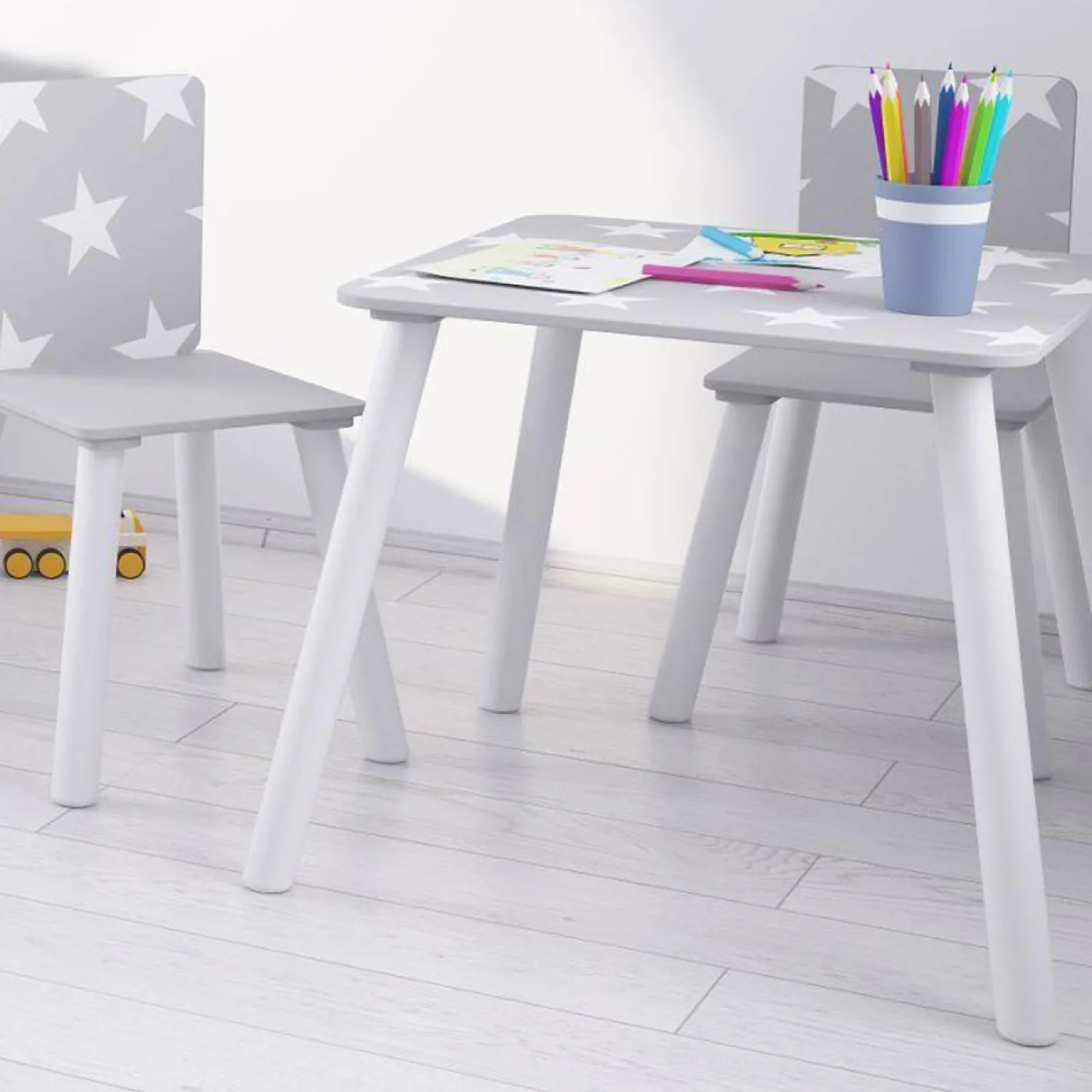 Little Helper Table & Chairs (wooden) | Kids Wooden Table and Chairs Set | Shooting Stars | White & Grey