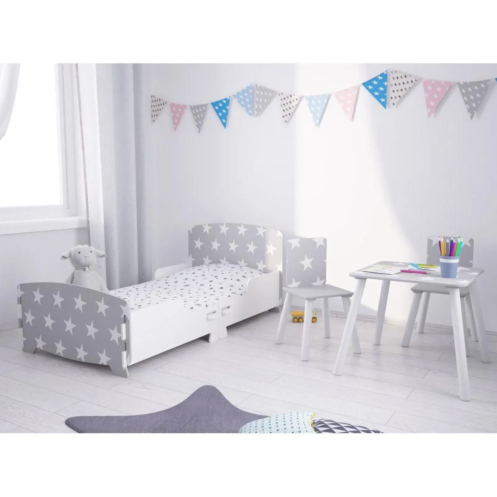 Little Helper Table & Chairs (wooden) | Kids Wooden Table and Chairs Set | Shooting Stars | White & Grey