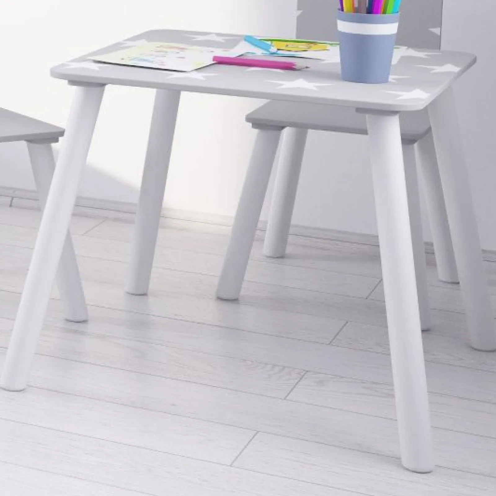 Little Helper Table & Chairs (wooden) | Kids Wooden Table and Chairs Set | Shooting Stars | White & Grey
