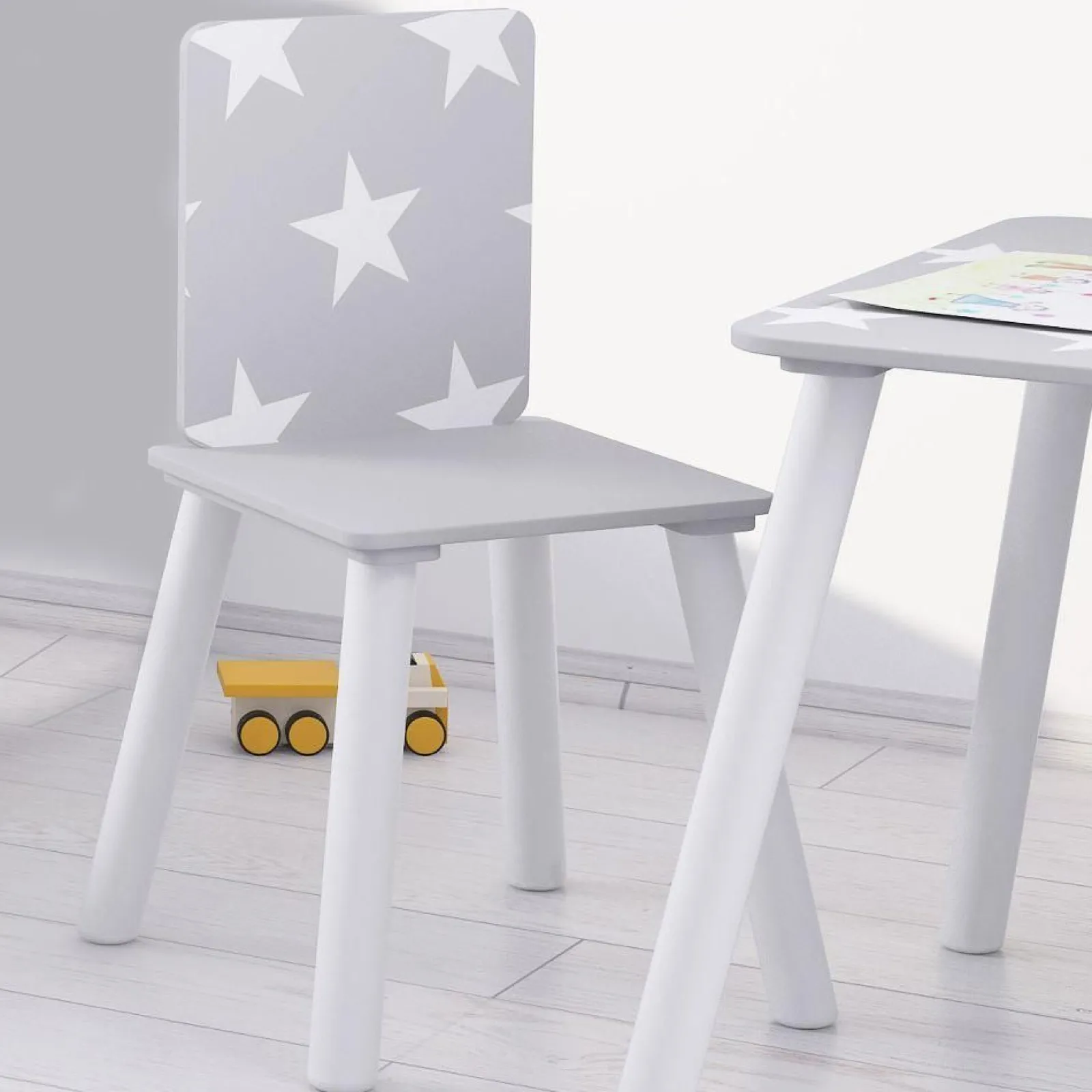 Little Helper Table & Chairs (wooden) | Kids Wooden Table and Chairs Set | Shooting Stars | White & Grey
