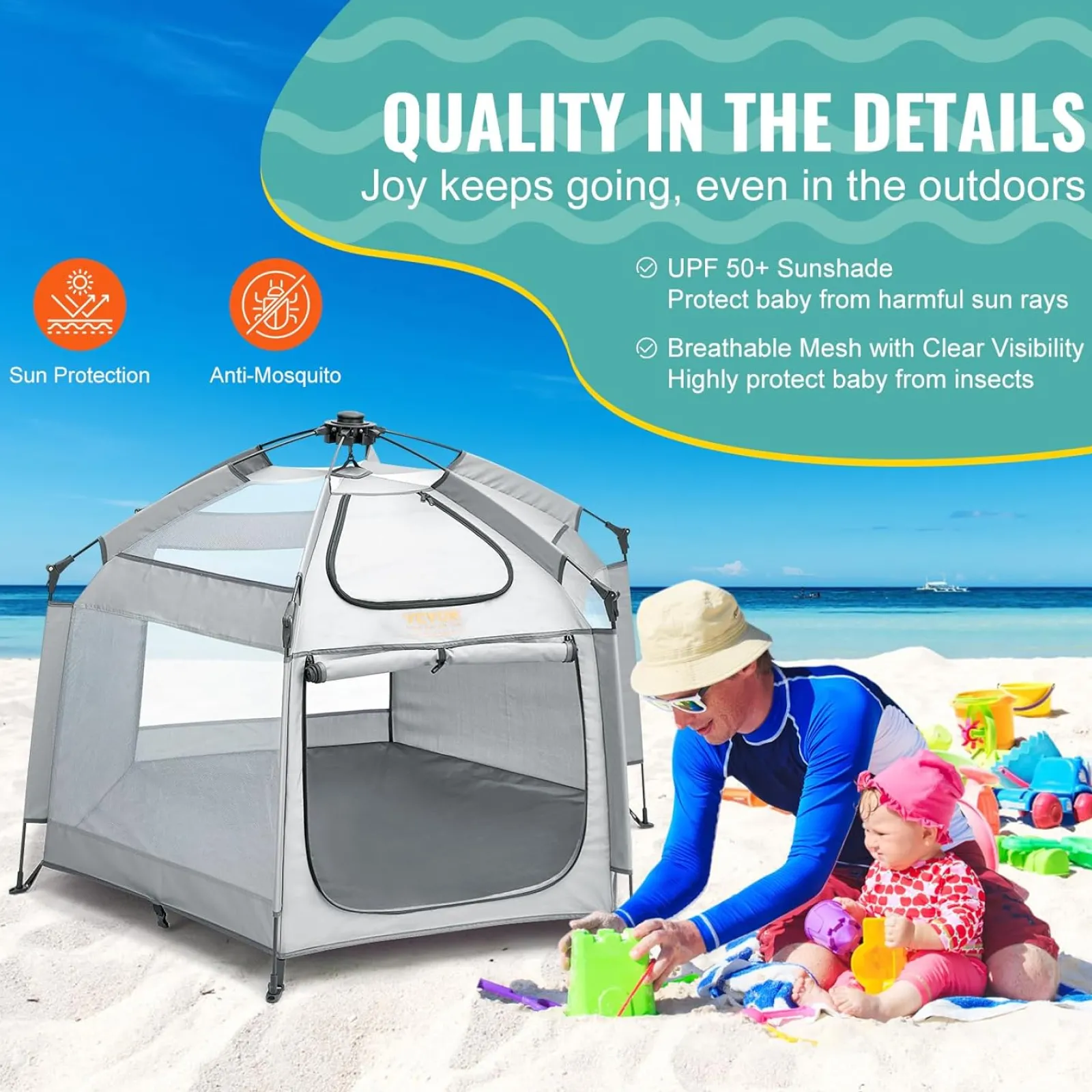 Little Helper Baby Playpens | Travel Cots & Travel Beds | Large & Lightweight Carbon Fibre Sun-Safety UV Pop-up Playpen | Light Grey | 0m - 5 years