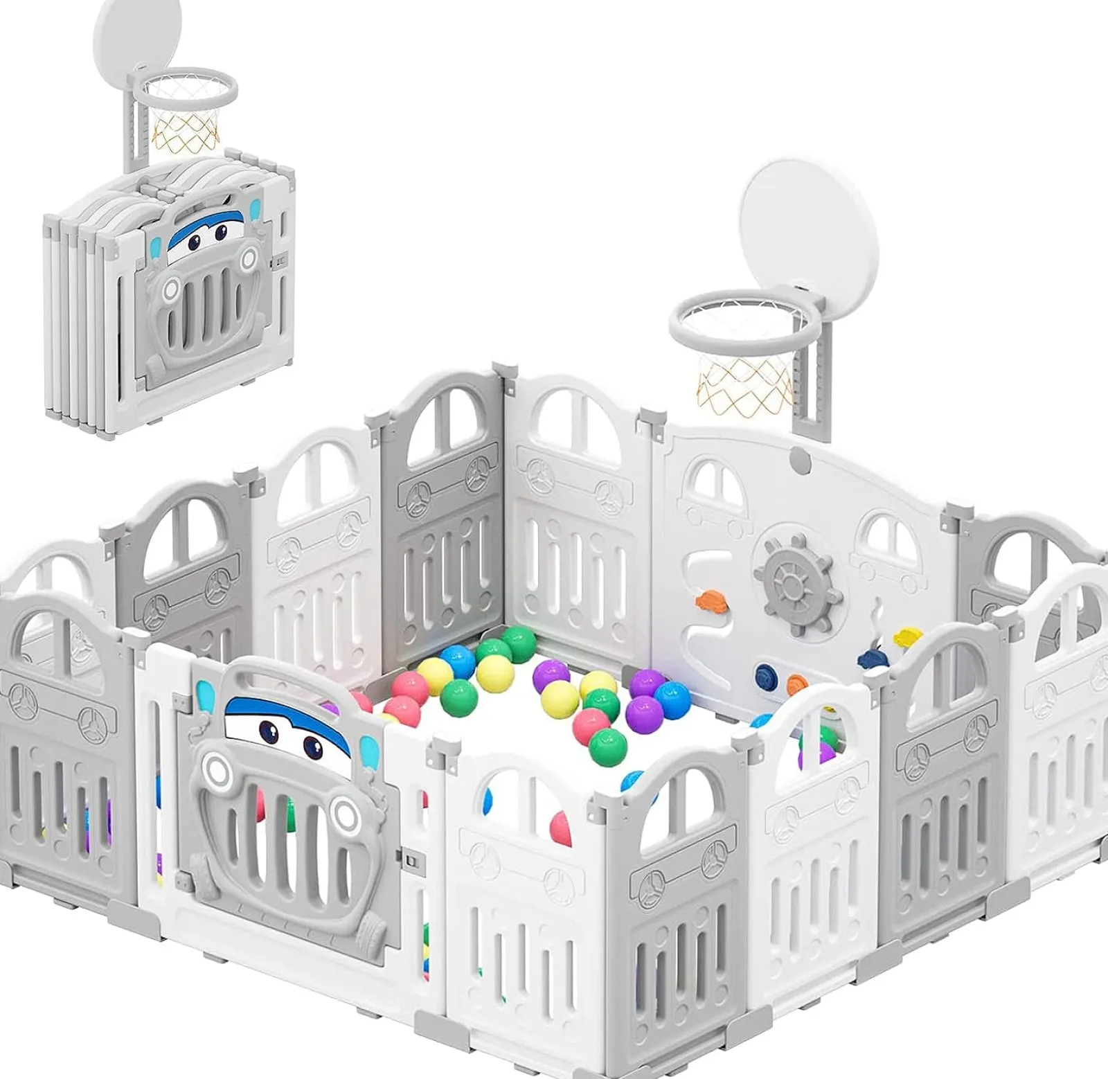 Little Helper Ball Pits & Ball Pools | Baby Playpens | Large 14 Panel Folding Baby Playpen and Ball Pool with Basketball Hoop & 50 Balls