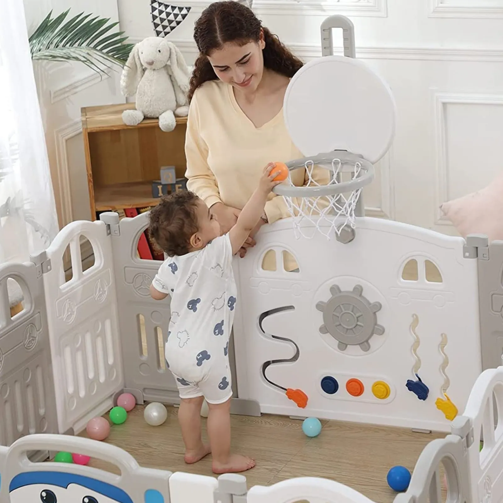 Little Helper Ball Pits & Ball Pools | Baby Playpens | Large 14 Panel Folding Baby Playpen and Ball Pool with Basketball Hoop & 50 Balls