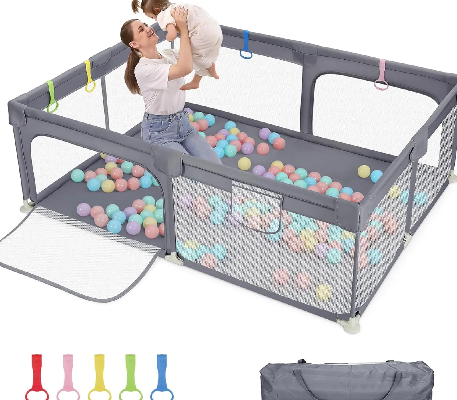Little Helper Ball Pits & Ball Pools | Baby Playpens | Large Baby Playpen and Ball Pool with Carry Bag & Pull-up Rings | Mesh Fabric | 2. x 1.5m | Grey